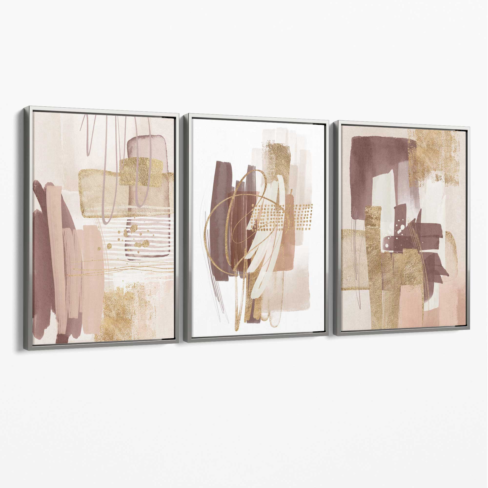 Set of 3 Abstract Blush and Pink Shades with Gold Canvas Art Prints with Silver Float Frame
