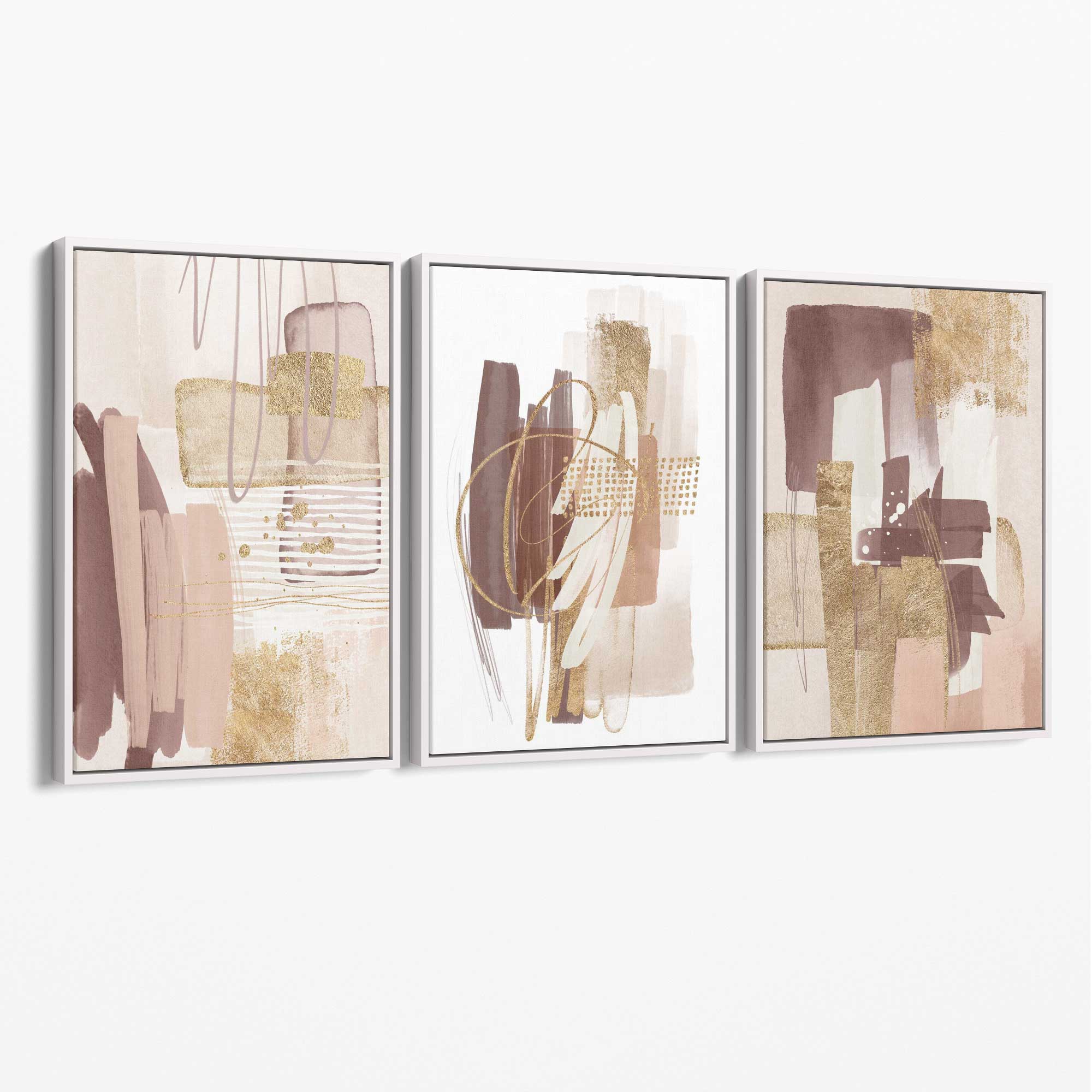 Set of 3 Abstract Blush and Pink Shades with Gold Canvas Art Prints with White Float Frame
