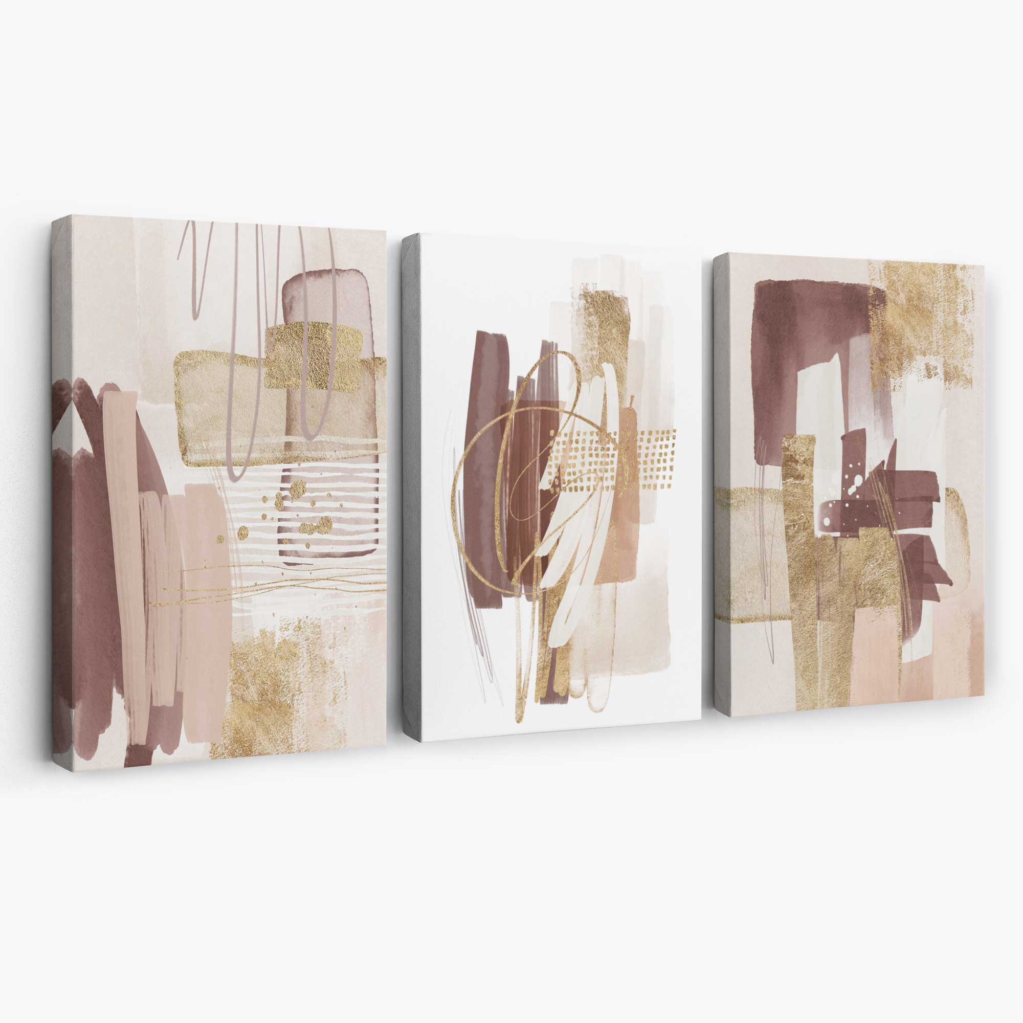 Set of 3 Abstract Blush and Pink Shades with Gold Canvas Art Prints | Artze Wall Art