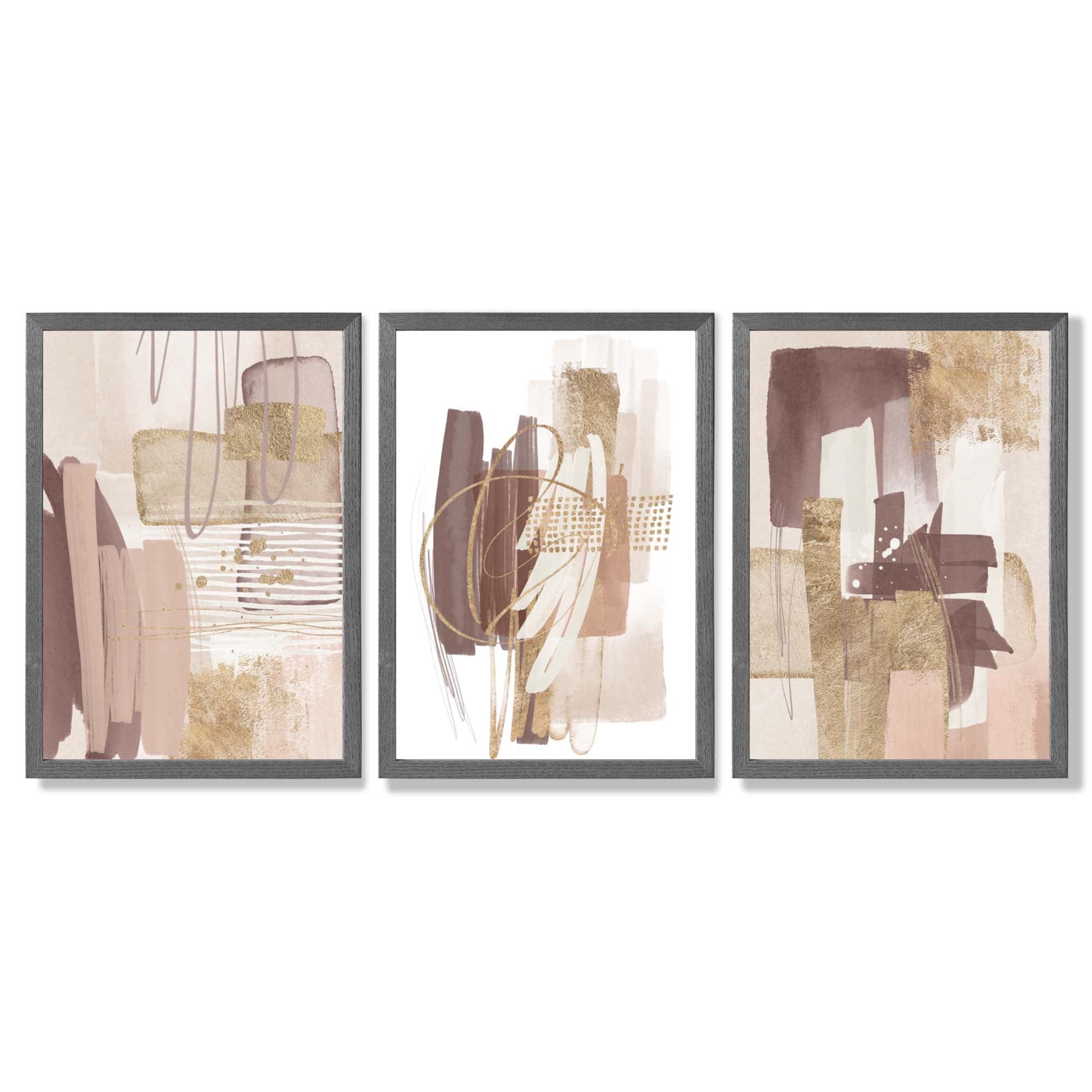 Set of 3 Abstract Blush and Pink Shades with Gold Framed Art Prints with Dark Grey Wooden Frames