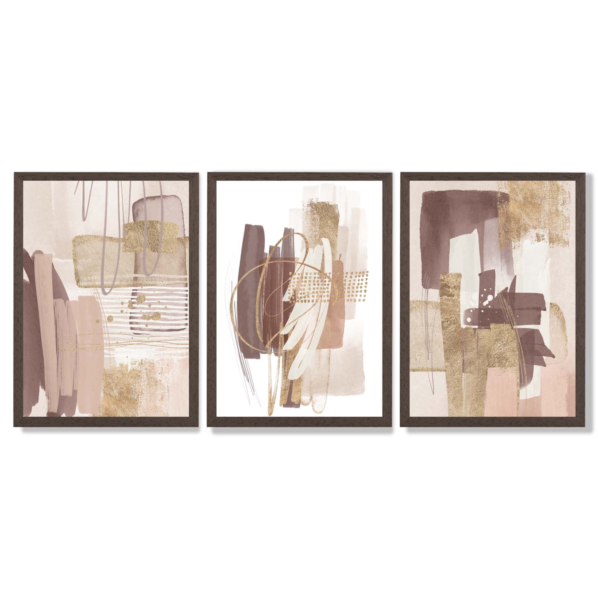 Set of 3 Abstract Blush and Pink Shades with Gold Framed Art Prints with Dark Wood Frames
