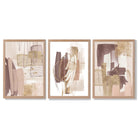 Set of 3 Abstract Blush and Pink Shades with Gold Framed Art Prints with Light Oak Frames