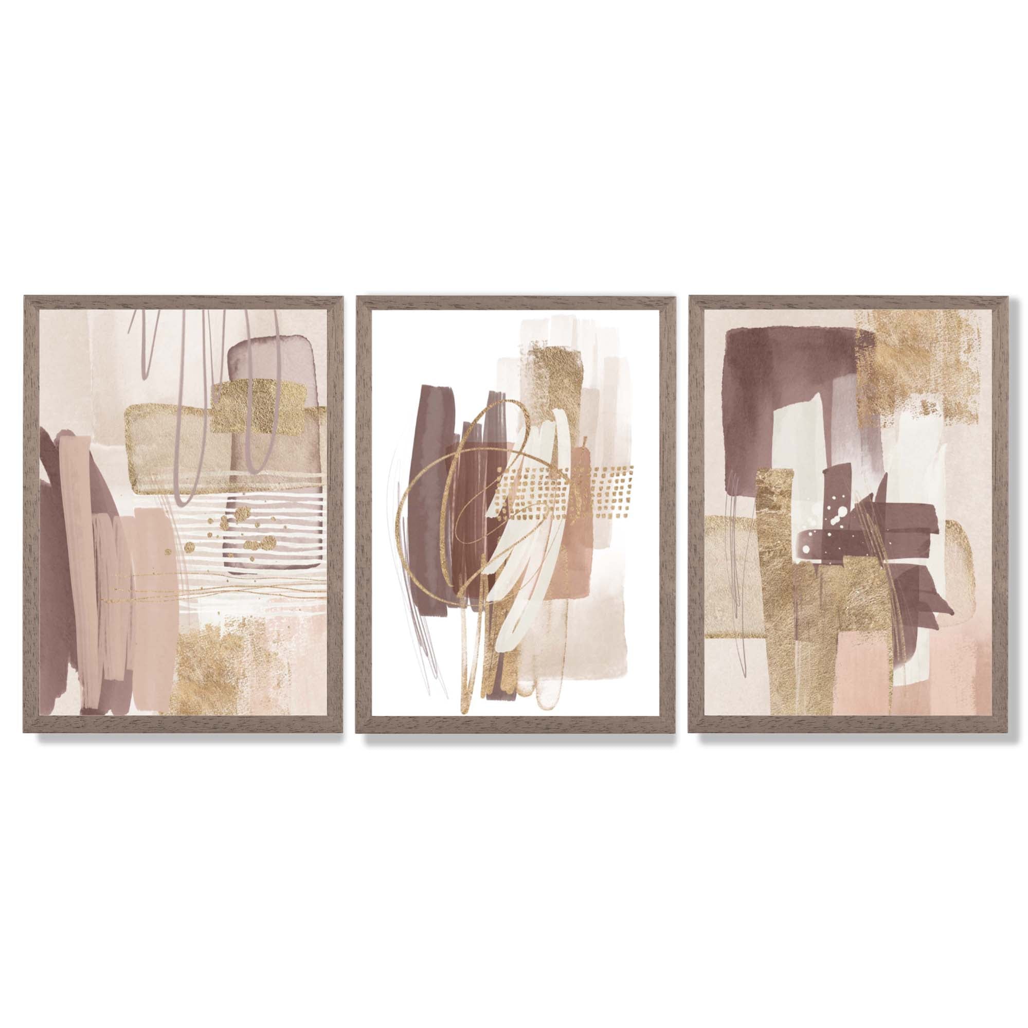 Set of 3 Abstract Blush and Pink Shades with Gold Framed Art Prints with Light Walnut Frames
