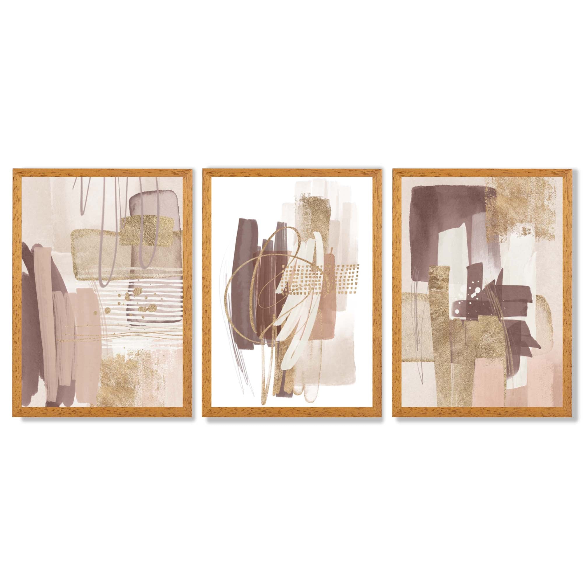 Set of 3 Abstract Blush and Pink Shades with Gold Framed Art Prints with Oak Wooden Frames