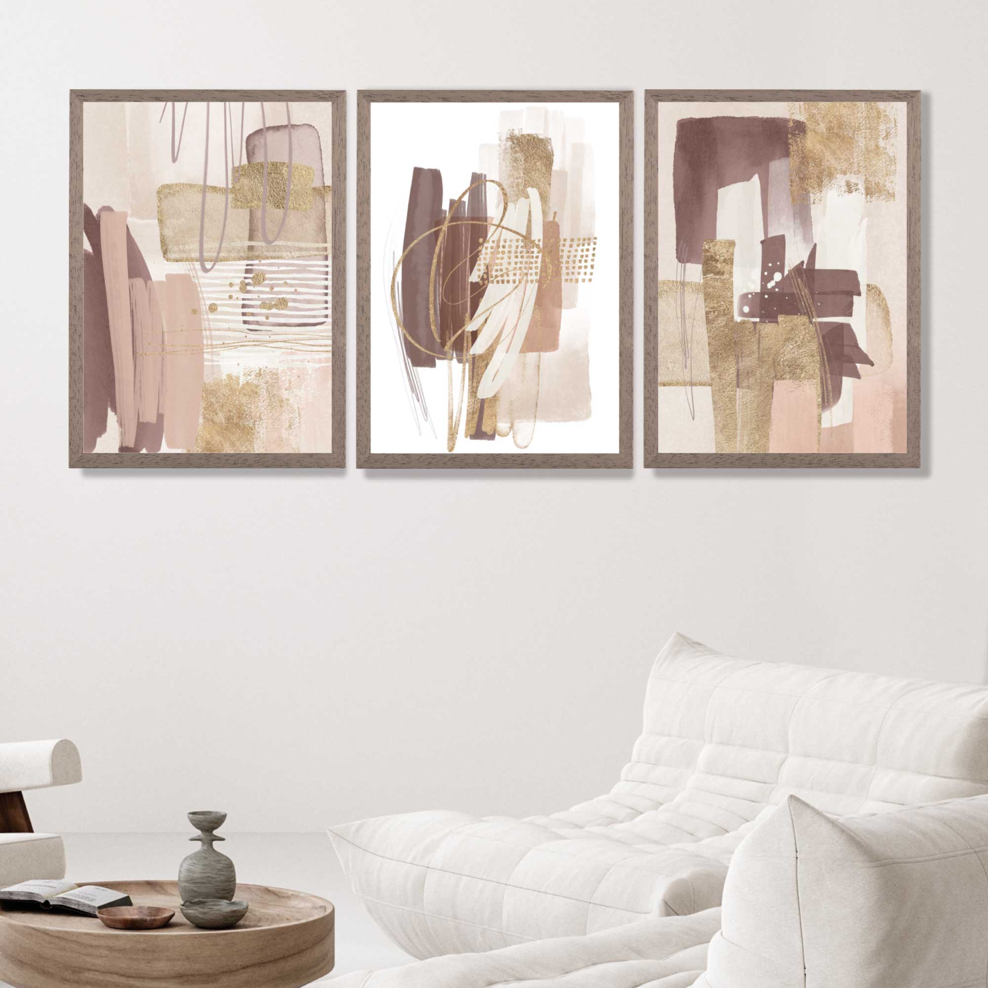 Set of 3 Abstract Blush and Pink Shades with Gold Art Prints in Luxury Frames | Artze UK