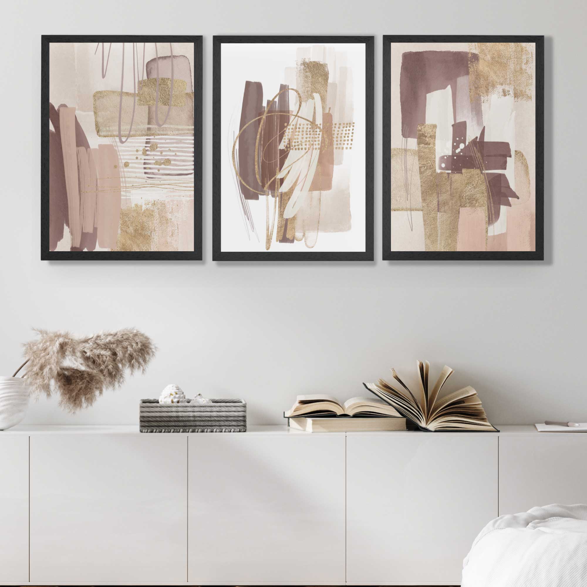Set of 3 Abstract Blush and Pink Shades with Gold Art Prints in Black Frames | Artze UK