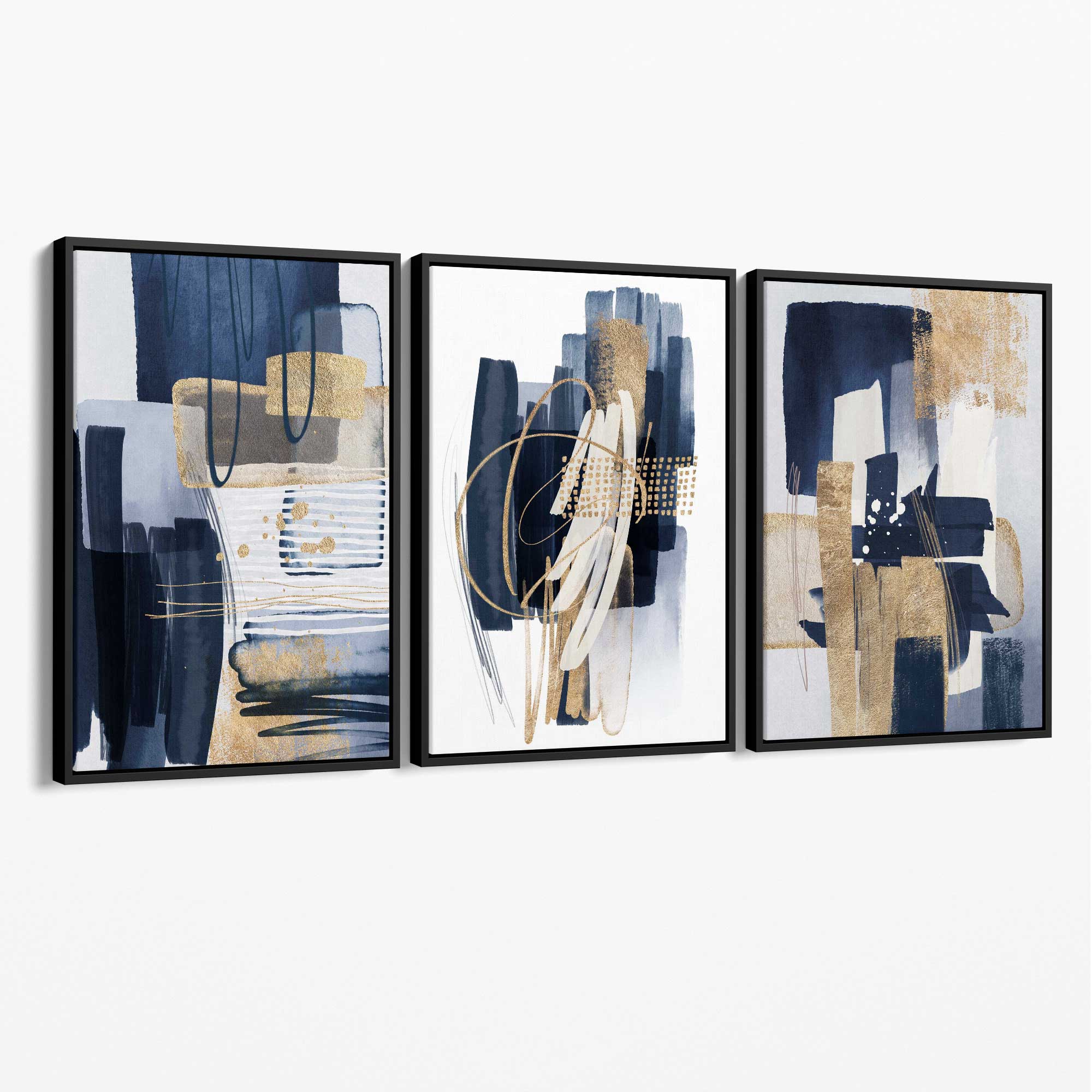Set of 3 Abstract Navy and Blue Shades with Gold Canvas Art Prints with Black Float Frame