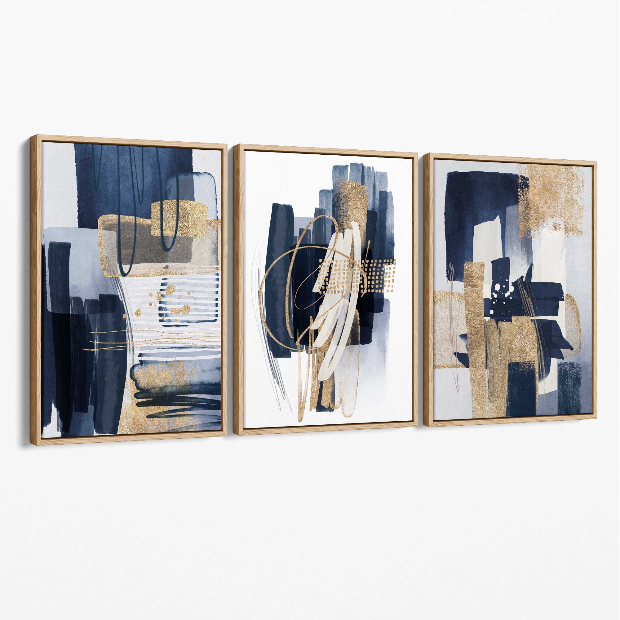 Set of 3 Abstract Navy and Blue Shades with Gold Canvas Art Prints with Oak Float Frame
