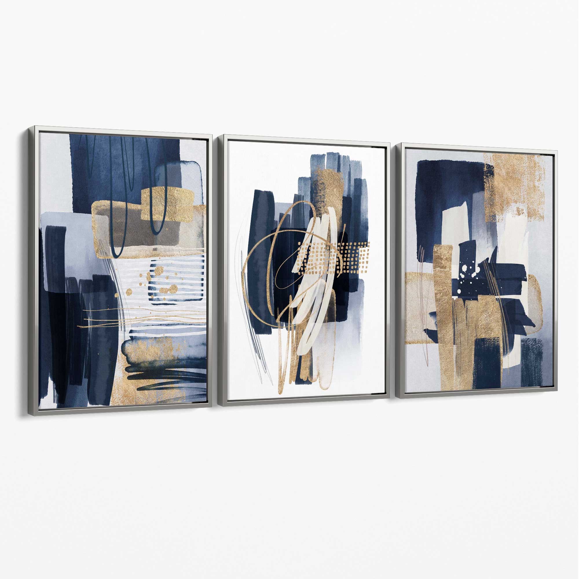 Set of 3 Abstract Navy and Blue Shades with Gold Canvas Art Prints with Silver Float Frame