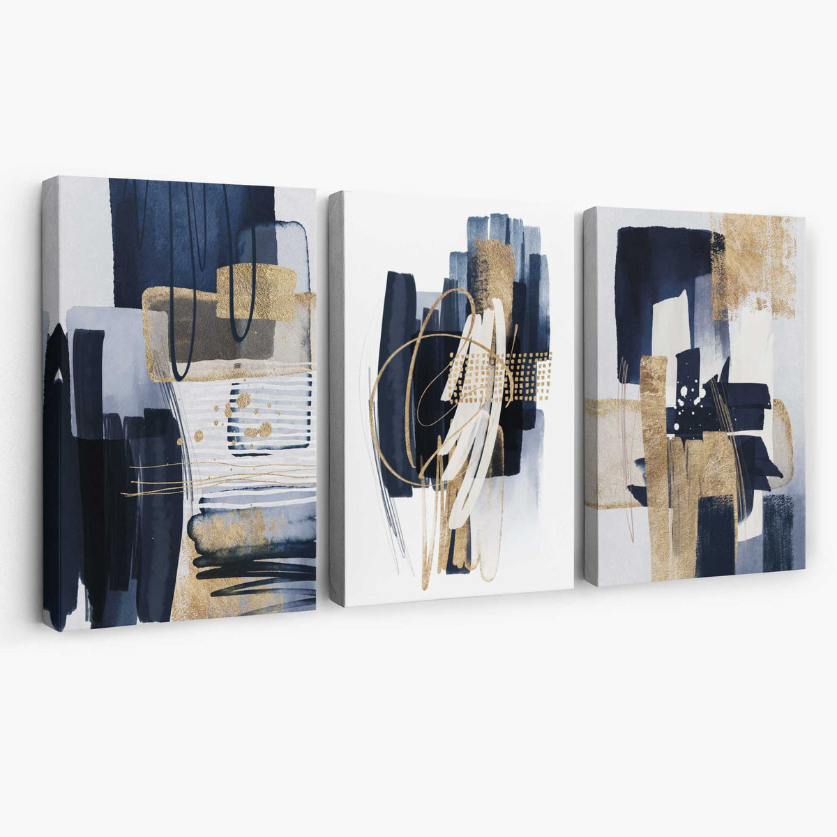 Set of 3 Abstract Navy and Blue Shades with Gold Canvas Art Prints ...