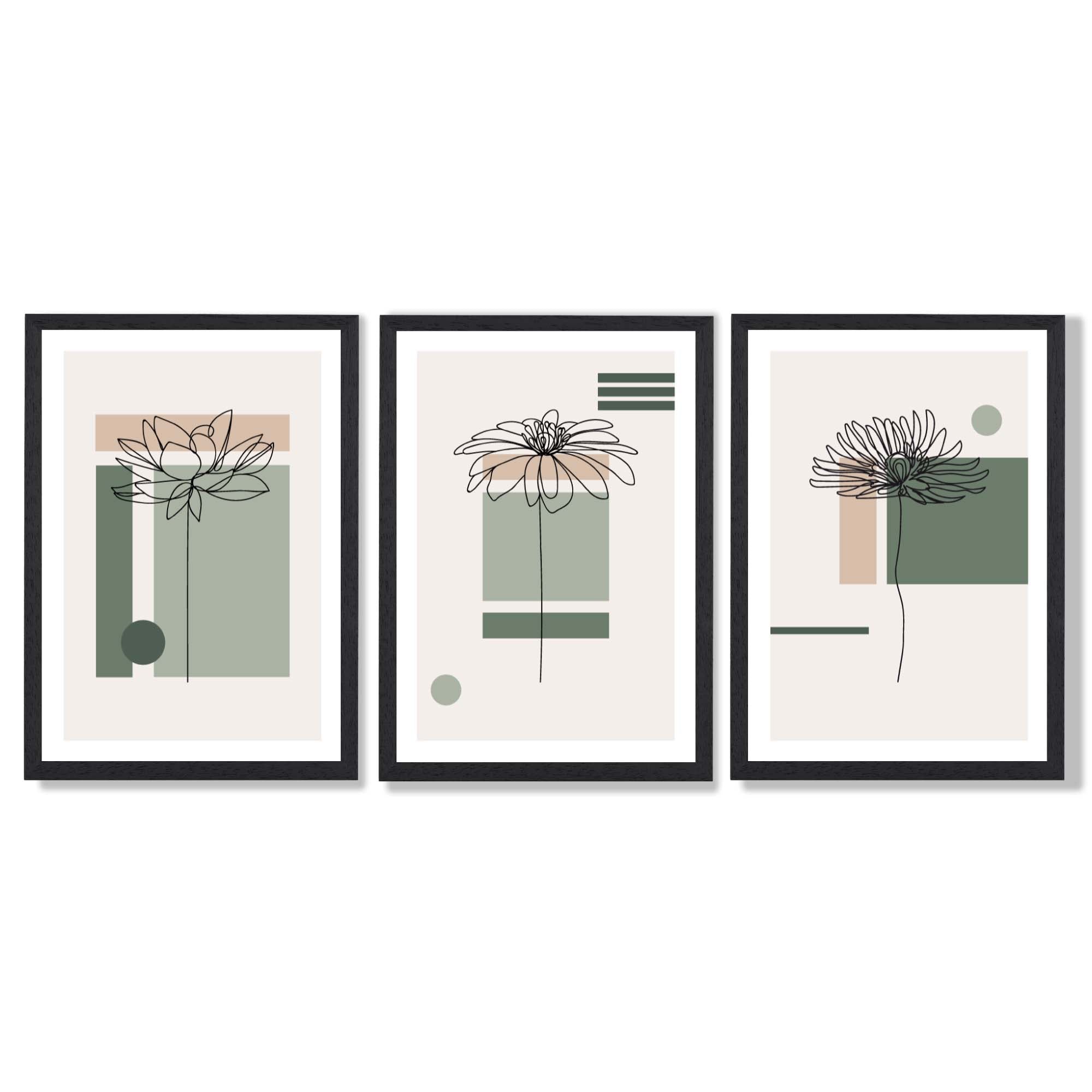 Set of 3 Sketch Flowers with Green and Beige Geometric  Framed Art Prints with Black Wooden Frames