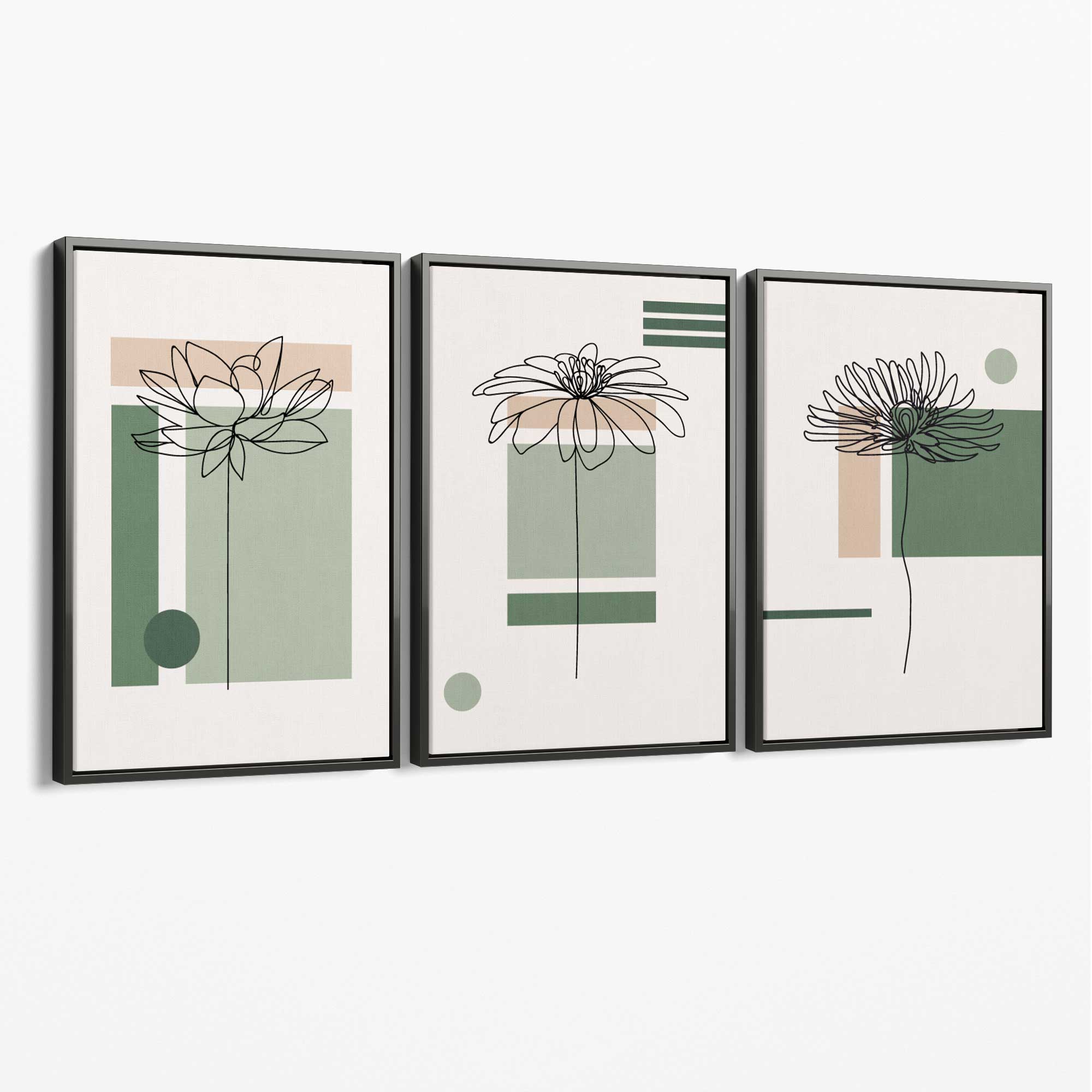 Set of 3 Sketch Flowers with Green and Beige Geometric Canvas Art Prints with Grey Float Frame