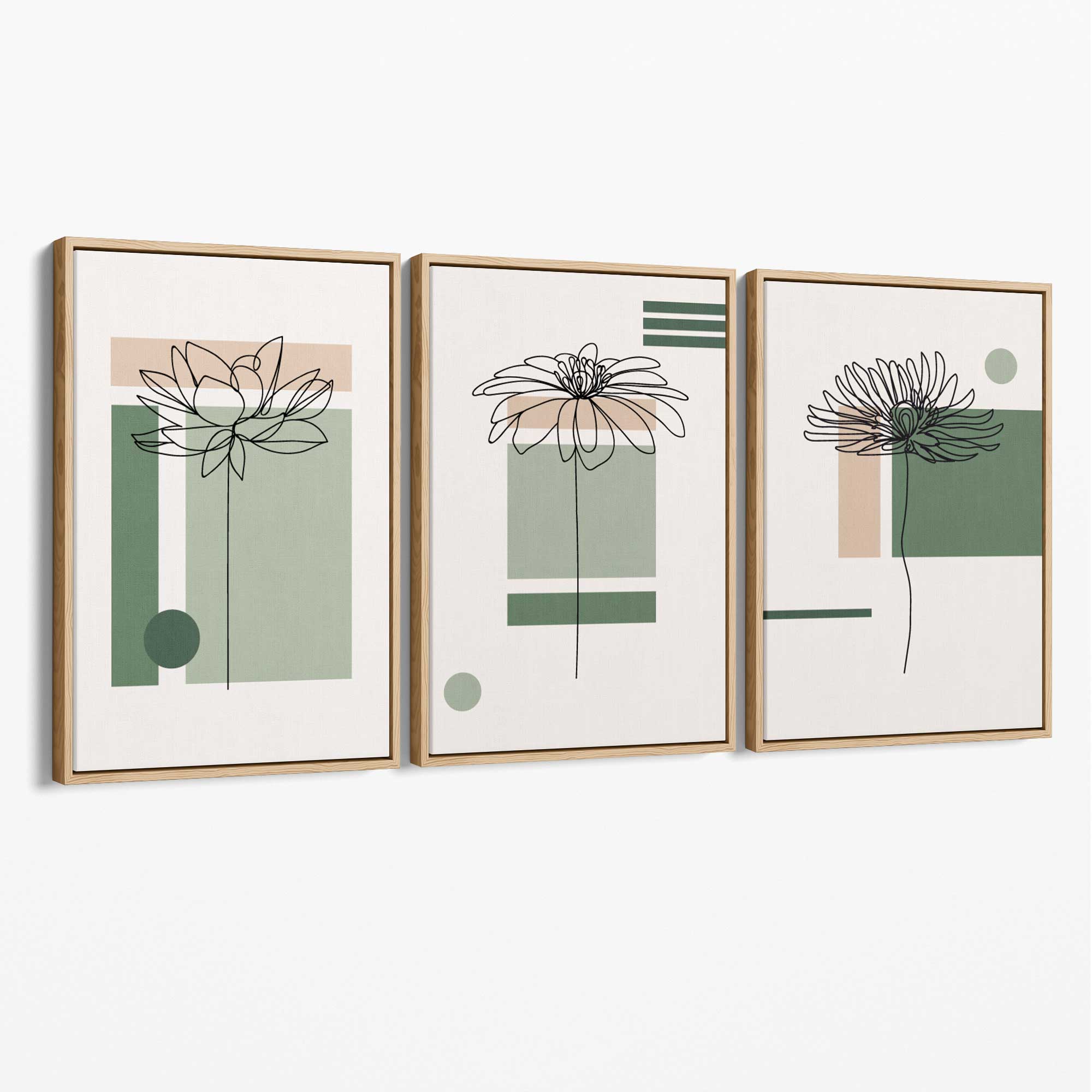 Set of 3 Sketch Flowers with Green and Beige Geometric Canvas Art Prints with Oak Float Frame