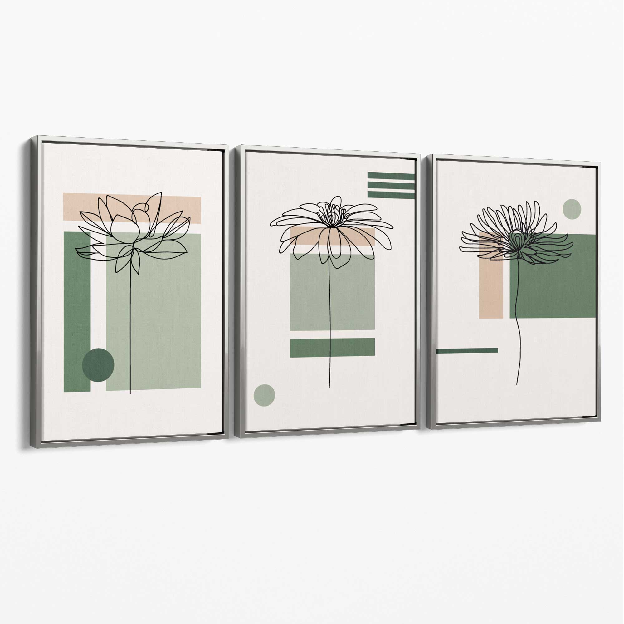 Set of 3 Sketch Flowers with Green and Beige Geometric Canvas Art Prints with Silver Float Frame