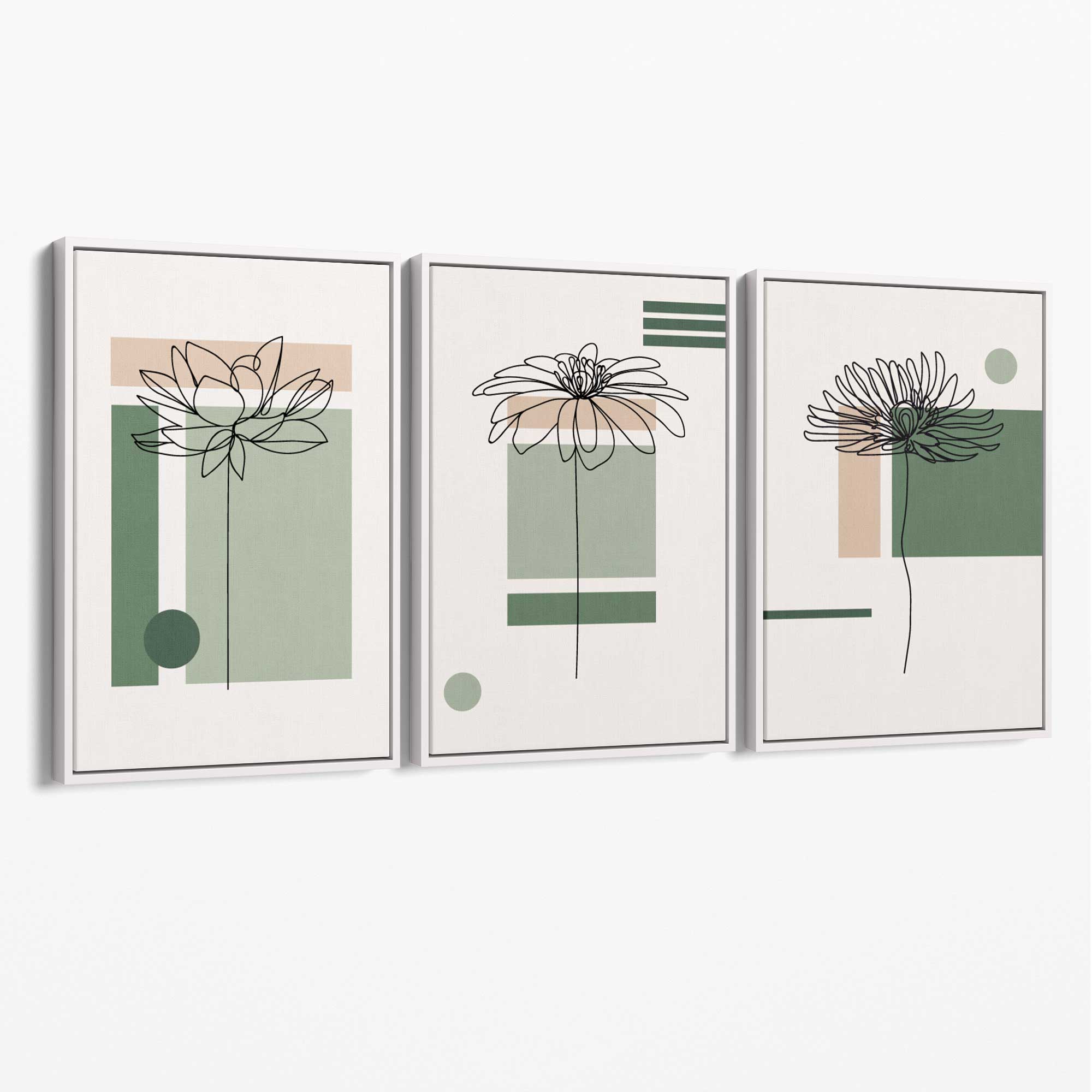 Set of 3 Sketch Flowers with Green and Beige Geometric Canvas Art Prints with White Float Frame