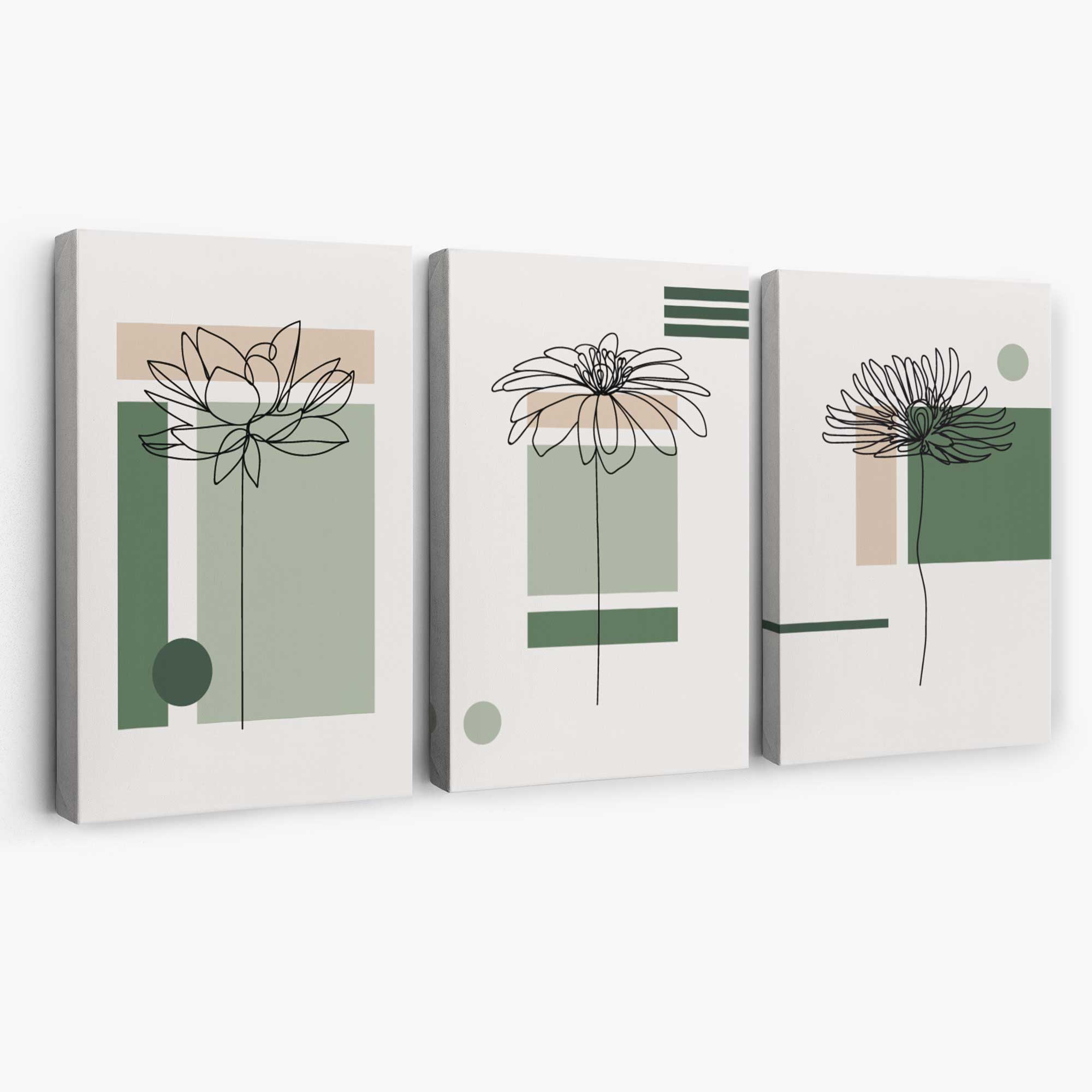 Set of 3 Sketch Flowers with Green and Beige Geometric Canvas Art Prints | Artze Wall Art