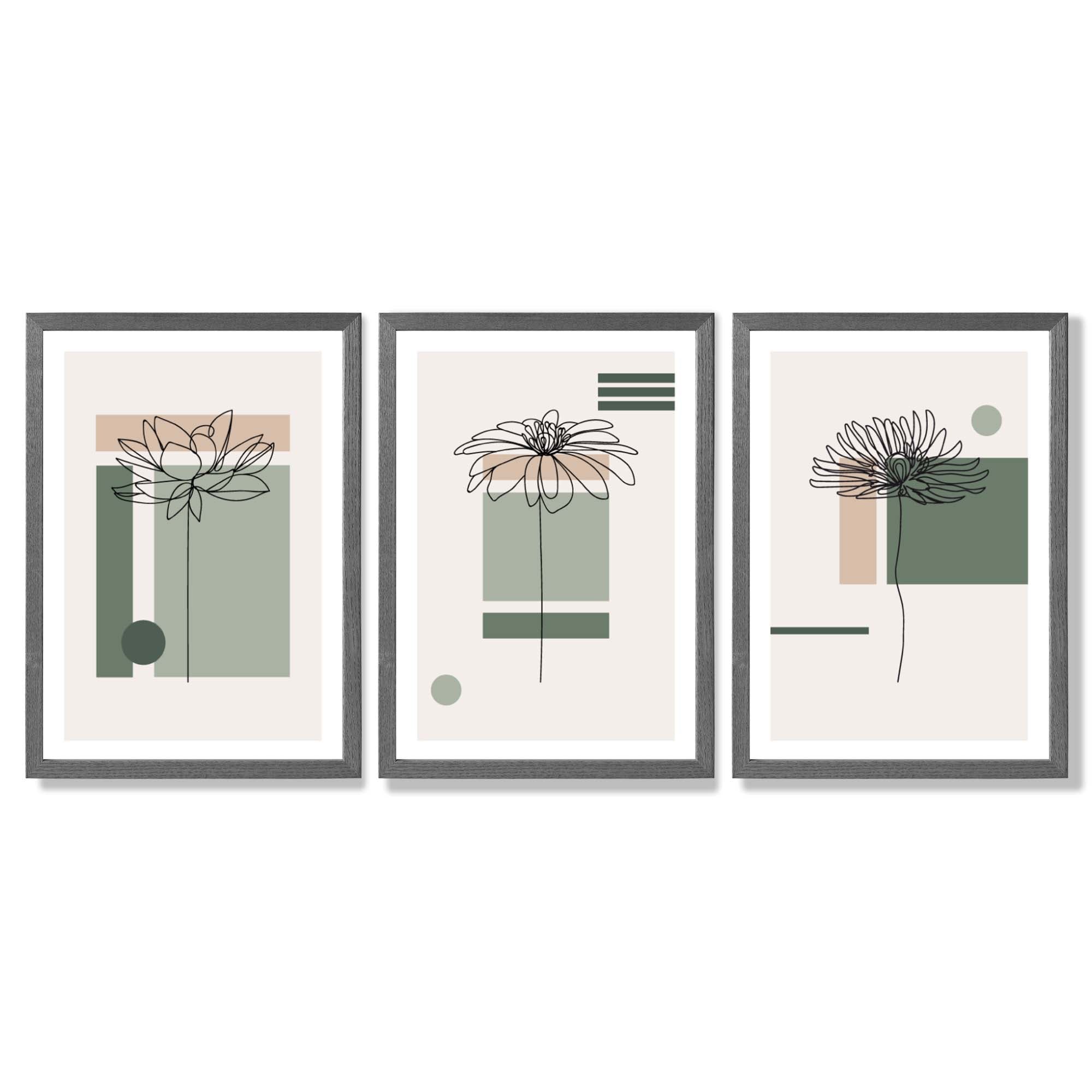 Set of 3 Sketch Flowers with Green and Beige Geometric  Framed Art Prints with Dark Grey Wooden Frames