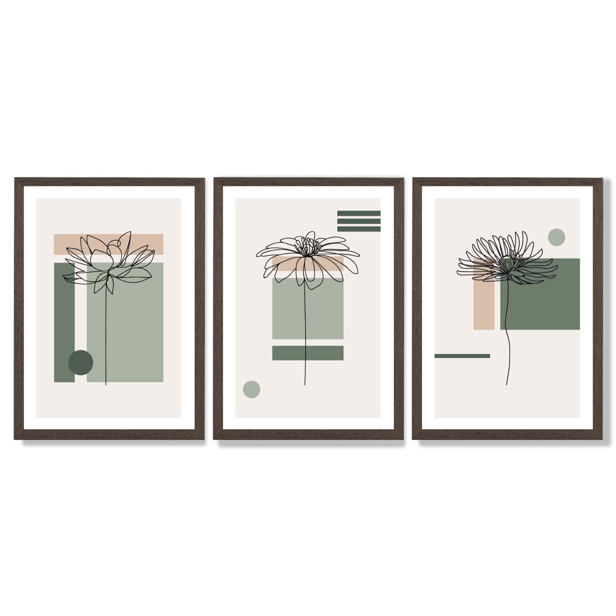 Set of 3 Sketch Flowers with Green and Beige Geometric  Framed Art Prints with Dark Wood Frames