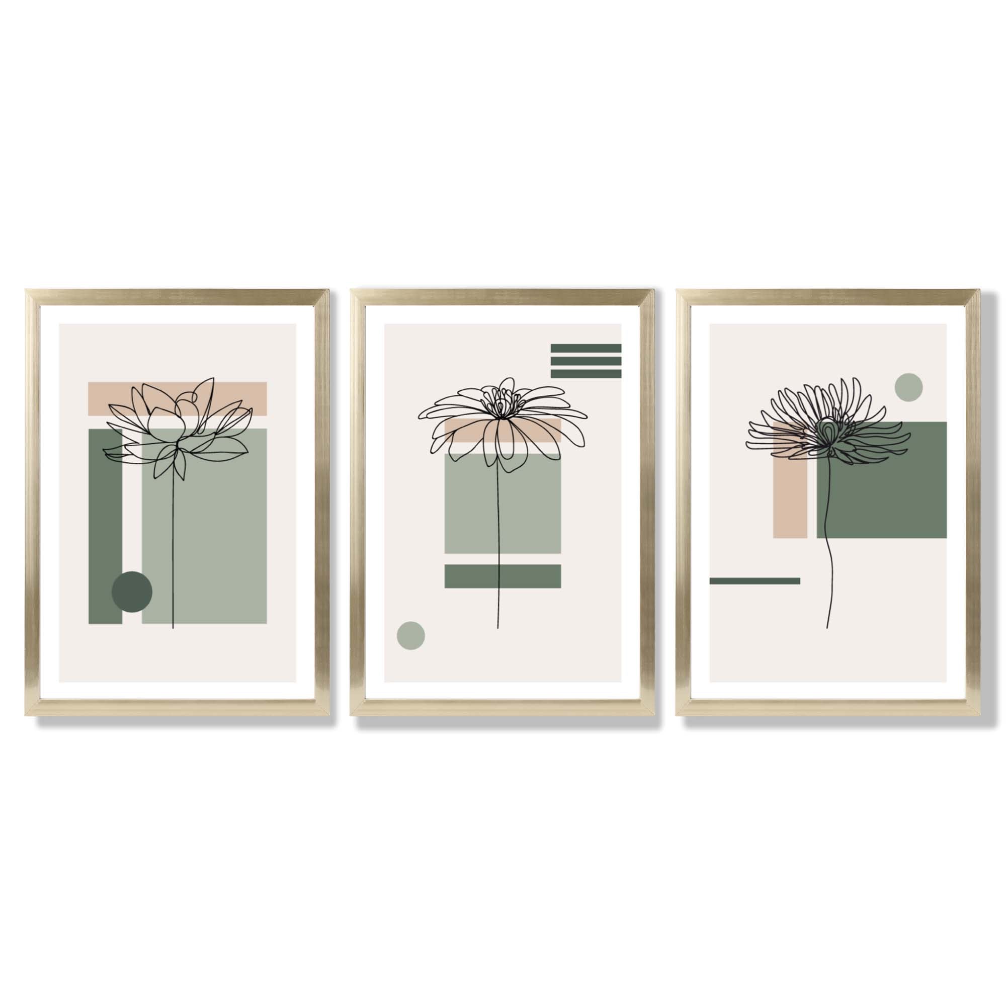 Set of 3 Sketch Flowers with Green and Beige Geometric  Framed Art Prints with Gold Wood Frames