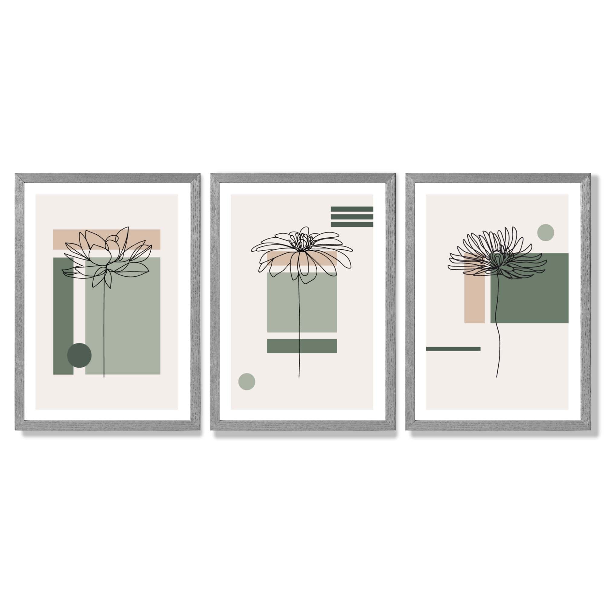 Set of 3 Sketch Flowers with Green and Beige Geometric  Framed Art Prints with Light Grey Wooden Frames