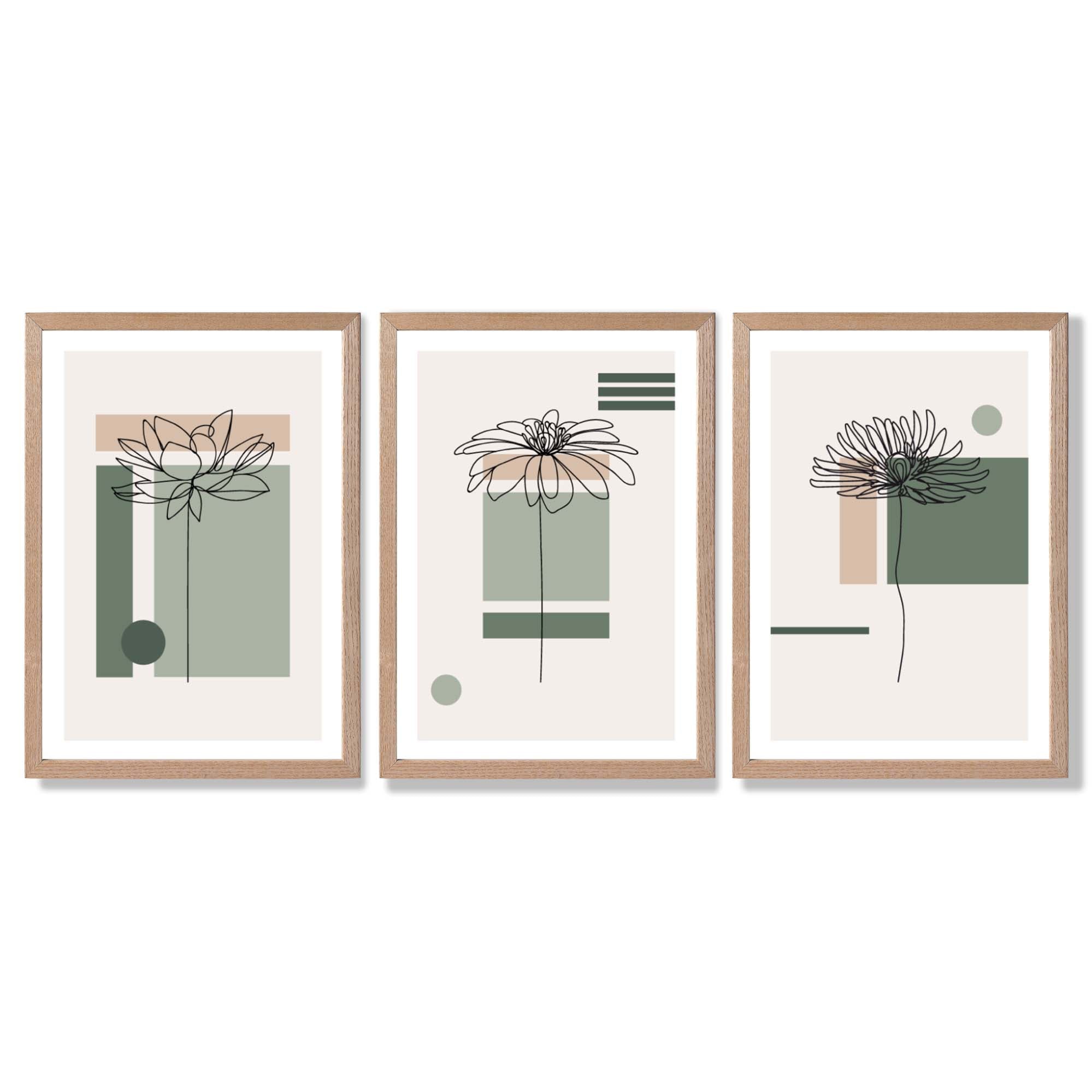 Set of 3 Sketch Flowers with Green and Beige Geometric  Framed Art Prints with Light Oak Frames