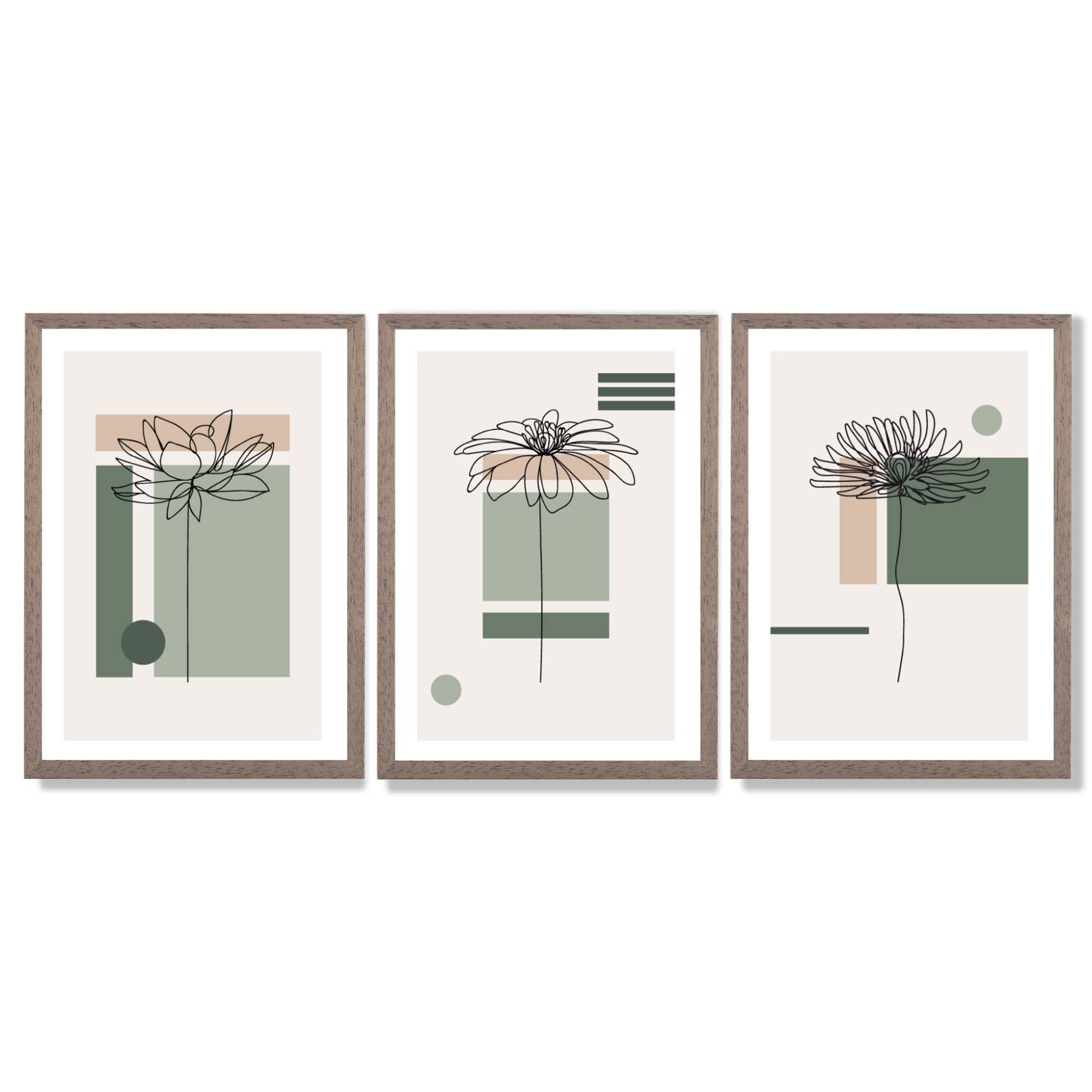 Set of 3 Sketch Flowers with Green and Beige Geometric  Framed Art Prints with Light Walnut Frames