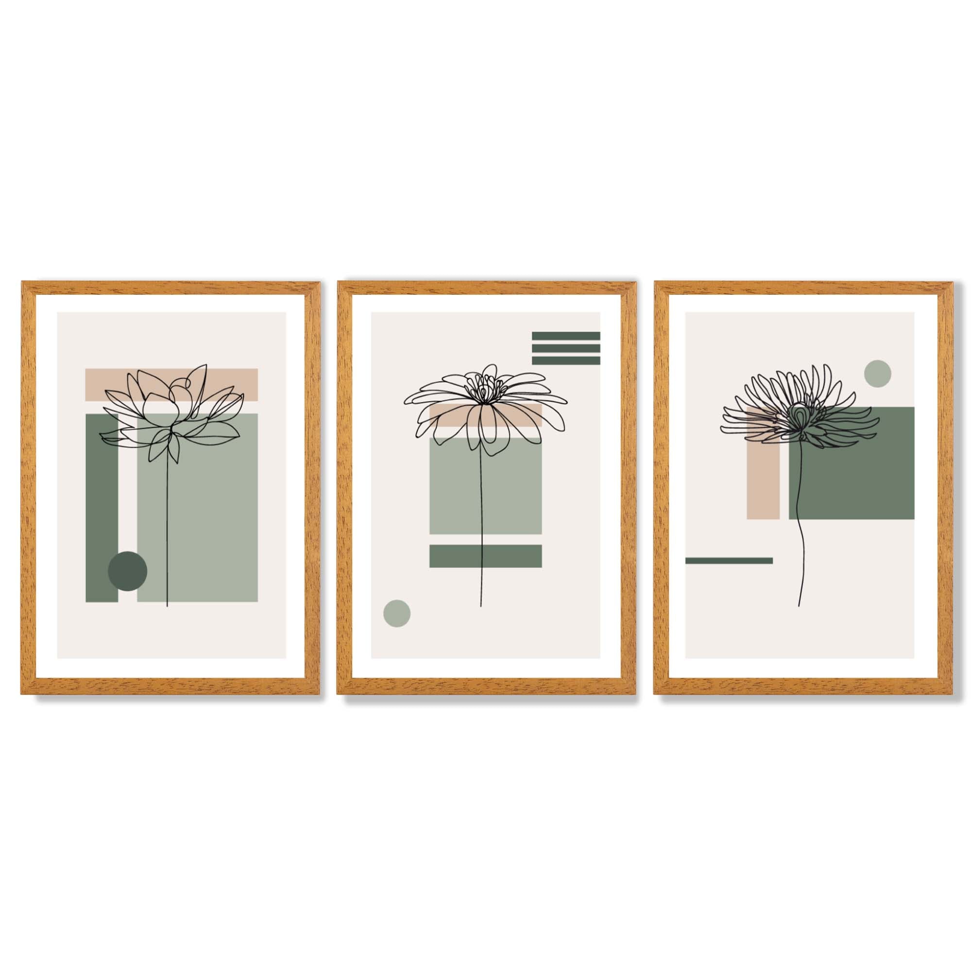 Set of 3 Sketch Flowers with Green and Beige Geometric  Framed Art Prints with Oak Wooden Frames