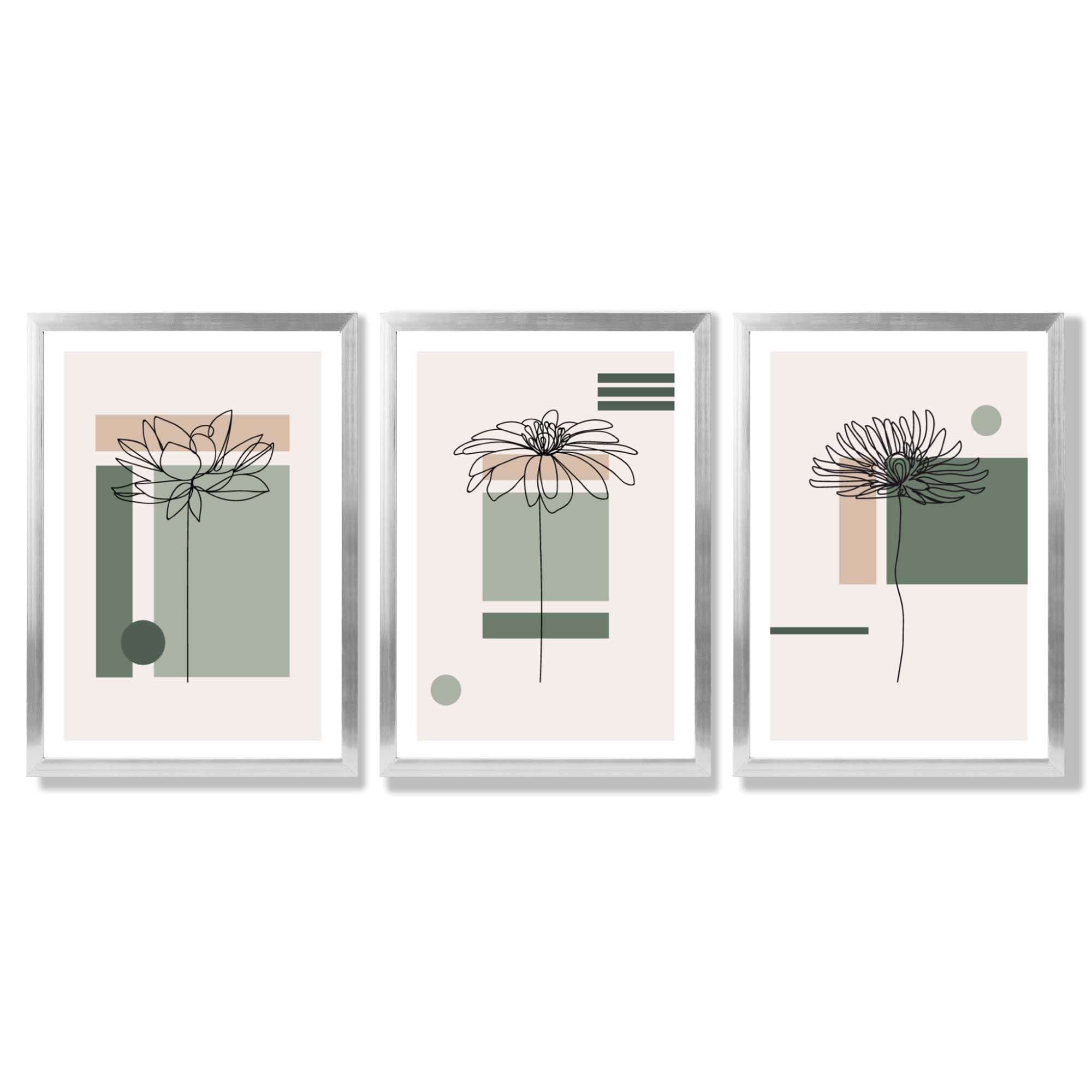 Set of 3 Sketch Flowers with Green and Beige Geometric  Framed Art Prints with Silver Wood Frames