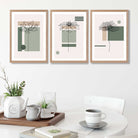 Set of 3 Sketch Flowers with Green and Beige Geometric  Art Prints in Luxury Frames | Artze UK