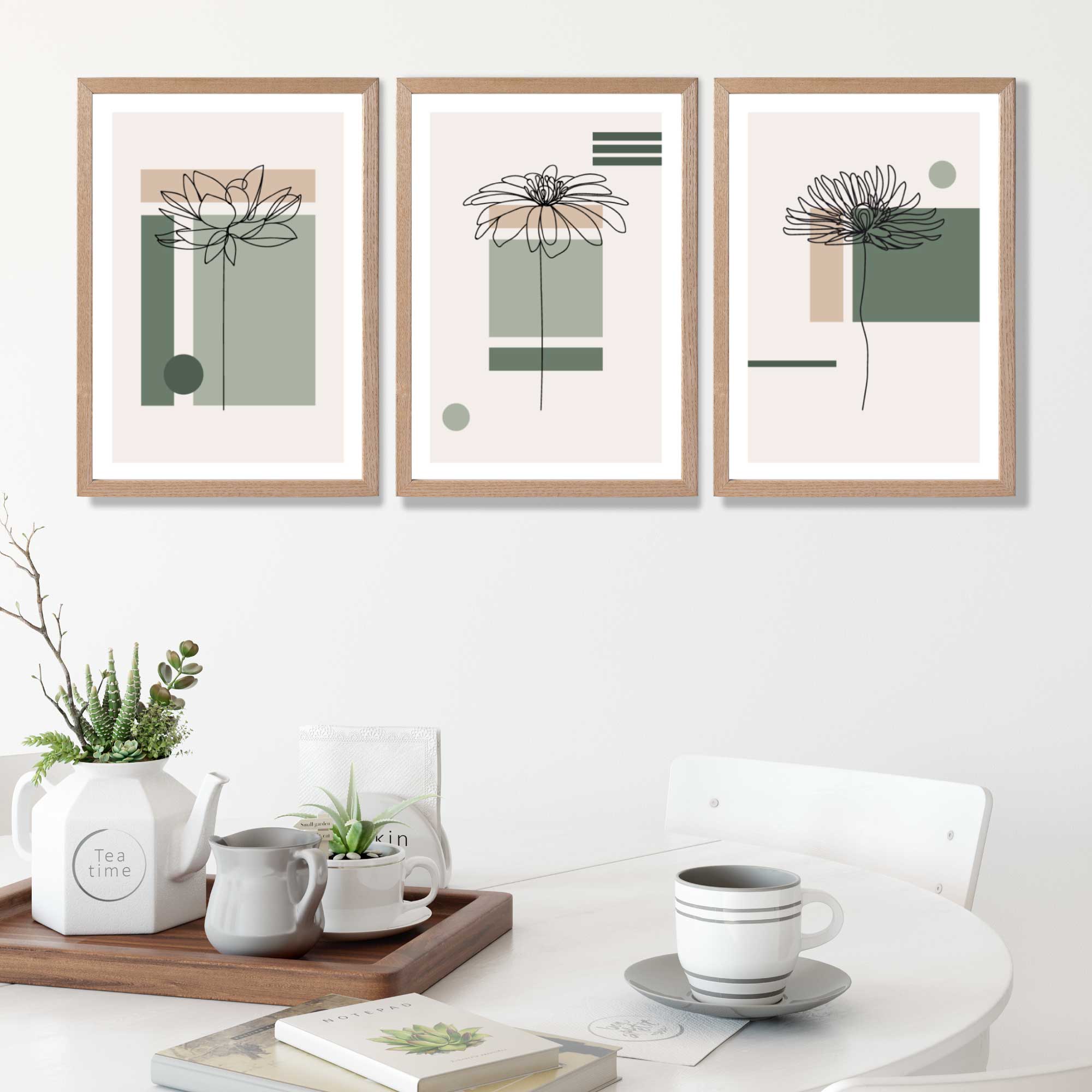 Set of 3 Sketch Flowers with Green and Beige Geometric  Art Prints in Luxury Frames | Artze UK