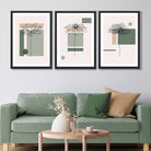 Set of 3 Sketch Flowers with Green and Beige Geometric  Art Prints in Black Frames | Artze UK
