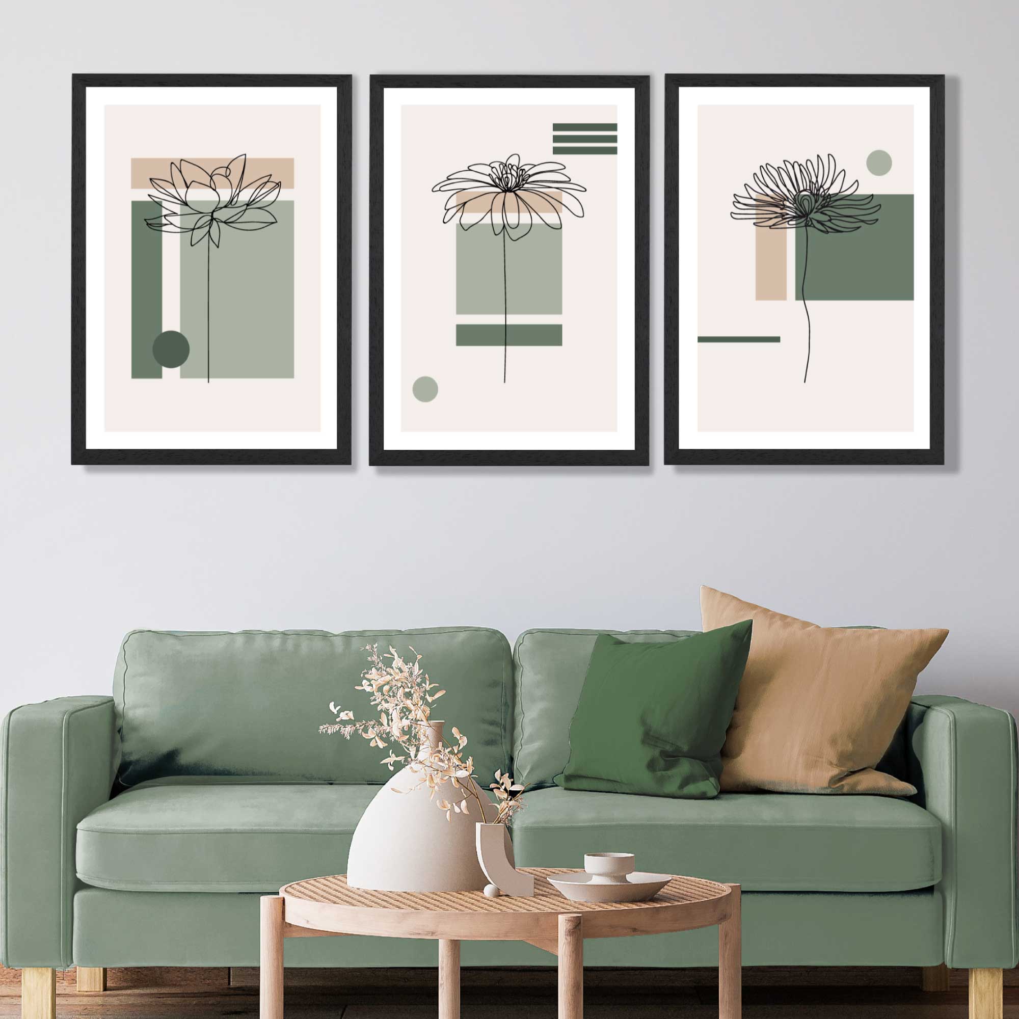 Set of 3 Sketch Flowers with Green and Beige Geometric  Art Prints in Black Frames | Artze UK