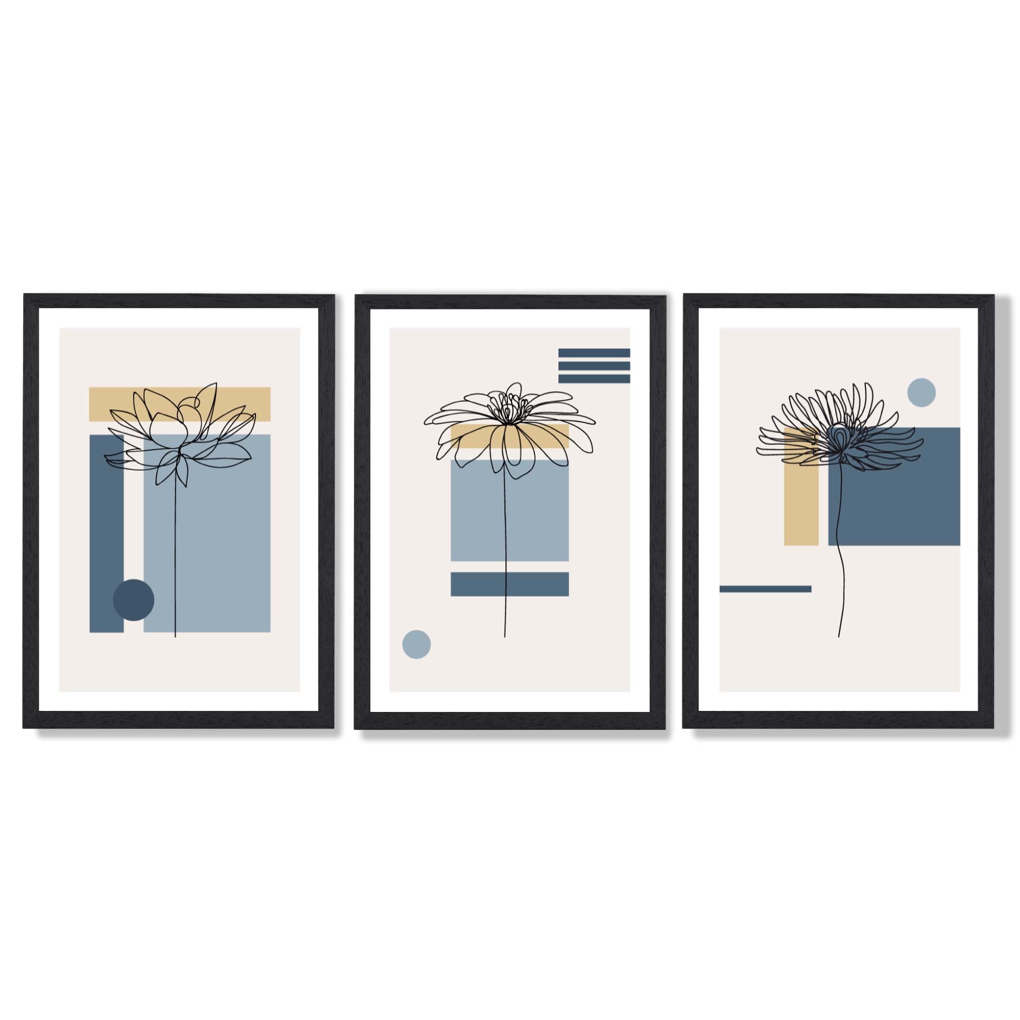 Set of 3 Sketch Flowers with Blue and Yellow Geometric  Framed Art Prints with Black Wooden Frames