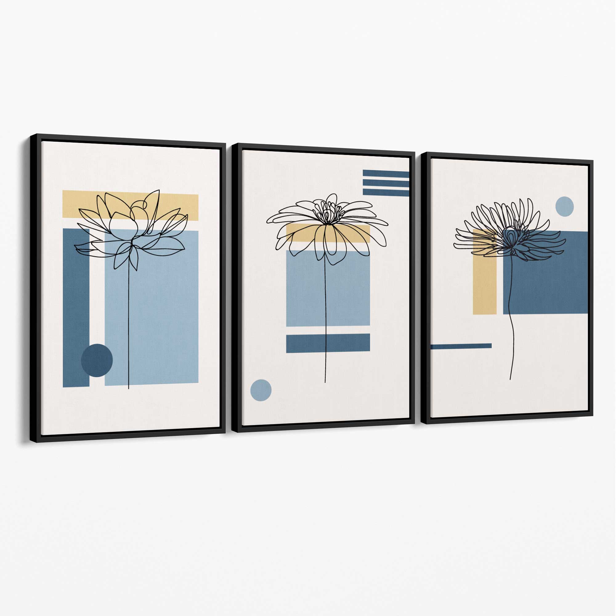 Set of 3 Sketch Flowers with Blue and Yellow Geometric  Canvas Art Prints with Black Float Frame