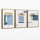Set of 3 Sketch Flowers with Blue and Yellow Geometric  Canvas Art Prints with Gold Float Frame
