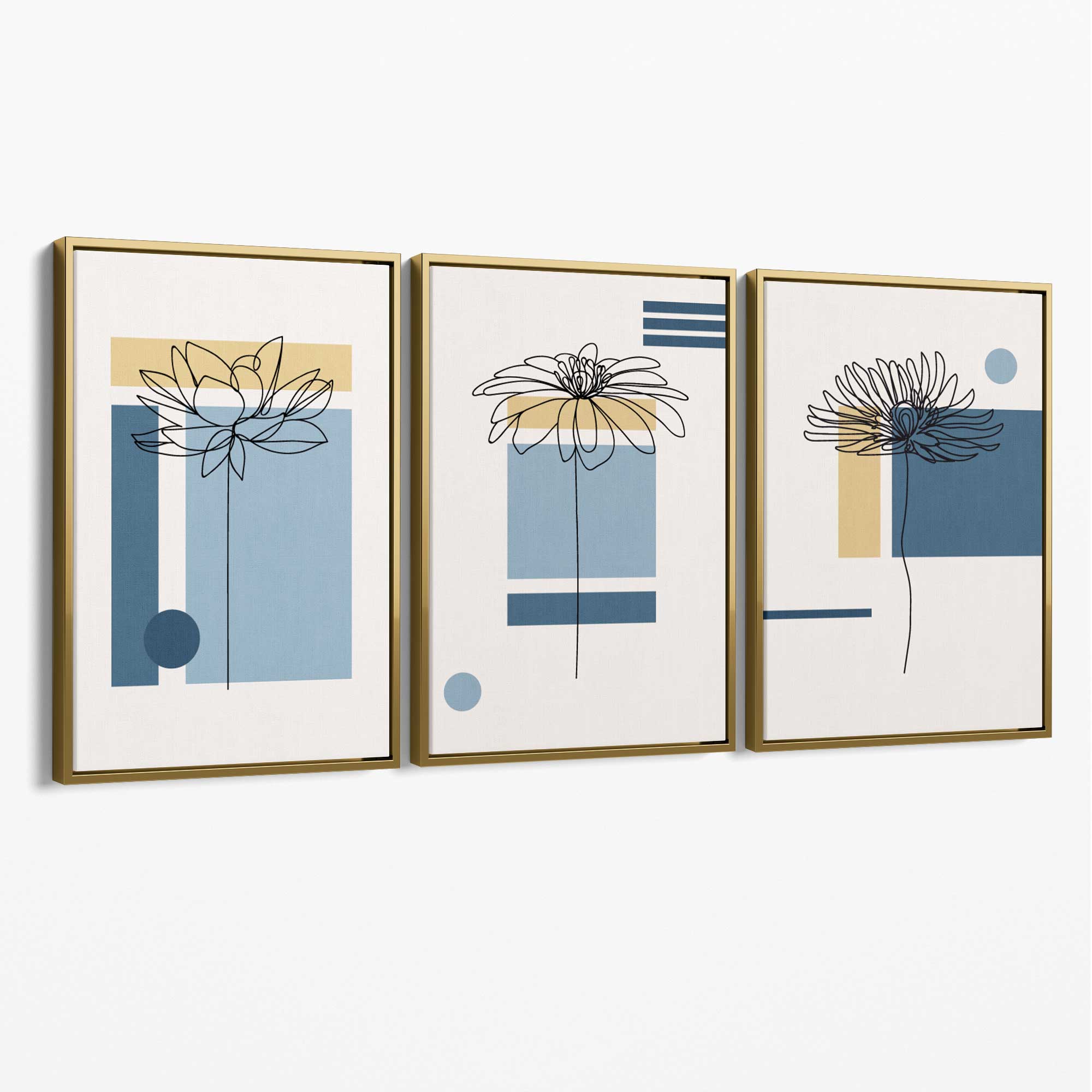 Set of 3 Sketch Flowers with Blue and Yellow Geometric  Canvas Art Prints with Gold Float Frame