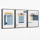 Set of 3 Sketch Flowers with Blue and Yellow Geometric  Canvas Art Prints with Grey Float Frame