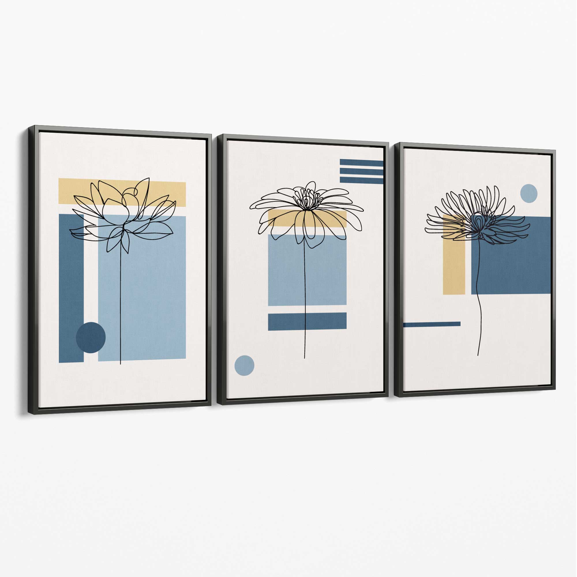 Set of 3 Sketch Flowers with Blue and Yellow Geometric  Canvas Art Prints with Grey Float Frame