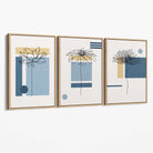 Set of 3 Sketch Flowers with Blue and Yellow Geometric  Canvas Art Prints with Oak Float Frame