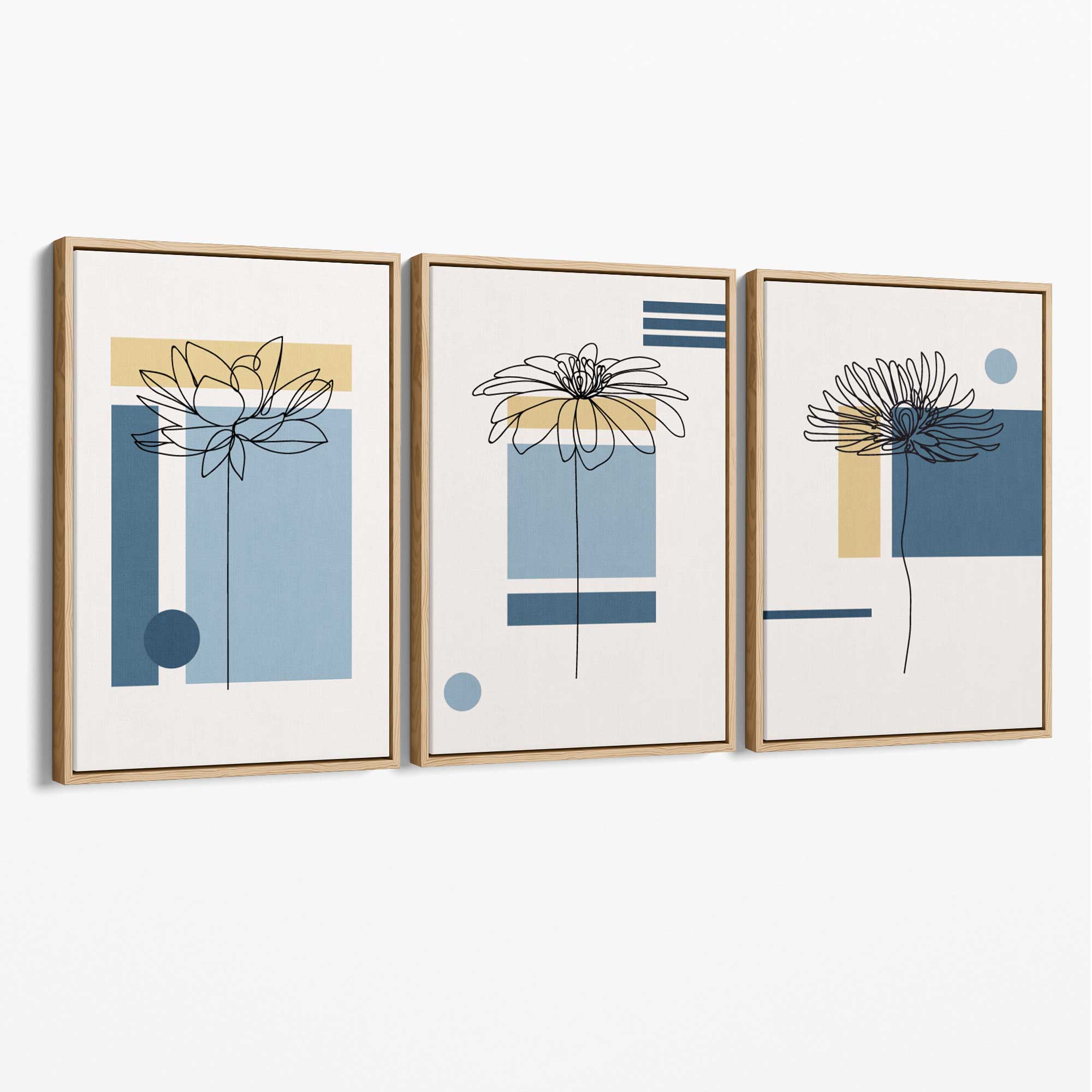 Set of 3 Sketch Flowers with Blue and Yellow Geometric  Canvas Art Prints with Oak Float Frame
