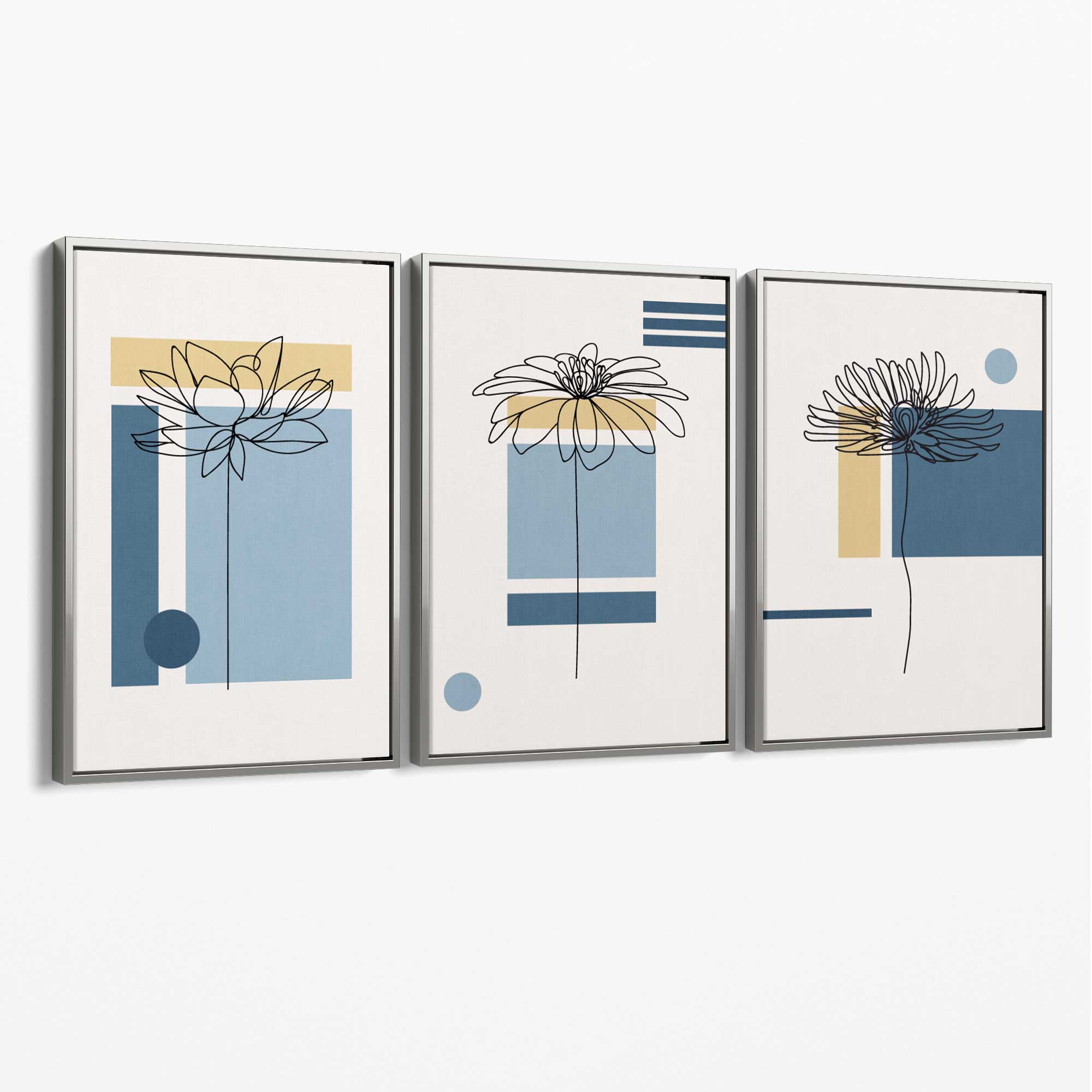 Set of 3 Sketch Flowers with Blue and Yellow Geometric  Canvas Art Prints with Silver Float Frame