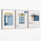 Set of 3 Sketch Flowers with Blue and Yellow Geometric  Canvas Art Prints with White Float Frame