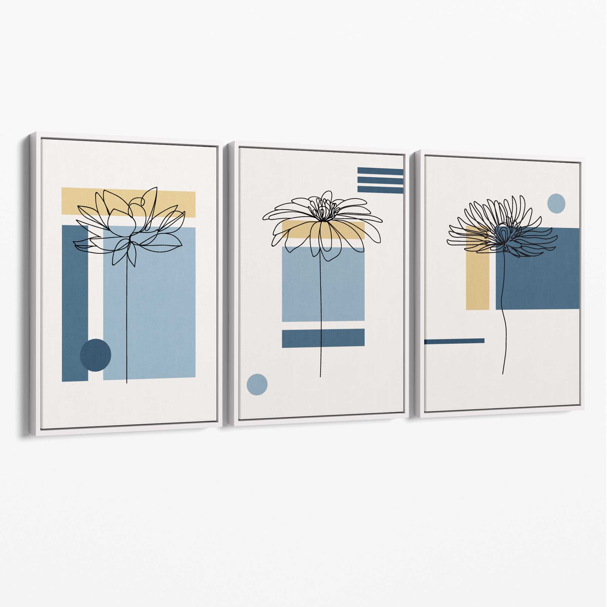 Set of 3 Sketch Flowers with Blue and Yellow Geometric  Canvas Art Prints with White Float Frame