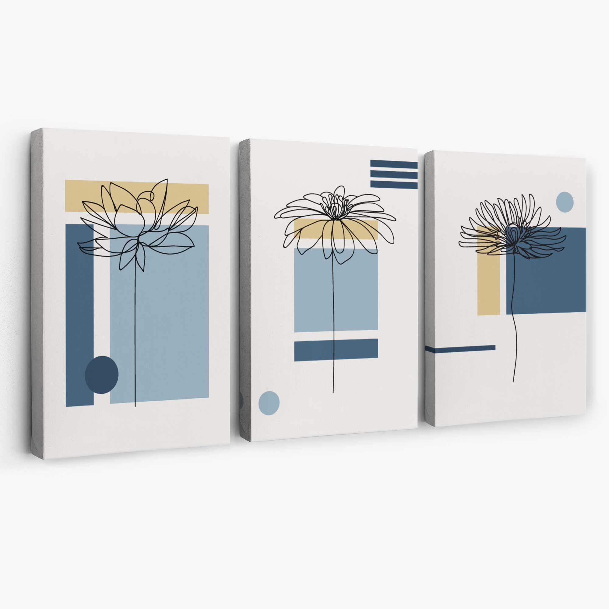 Set of 3 Sketch Flowers with Blue and Yellow Geometric  Canvas Art Prints | Artze Wall Art