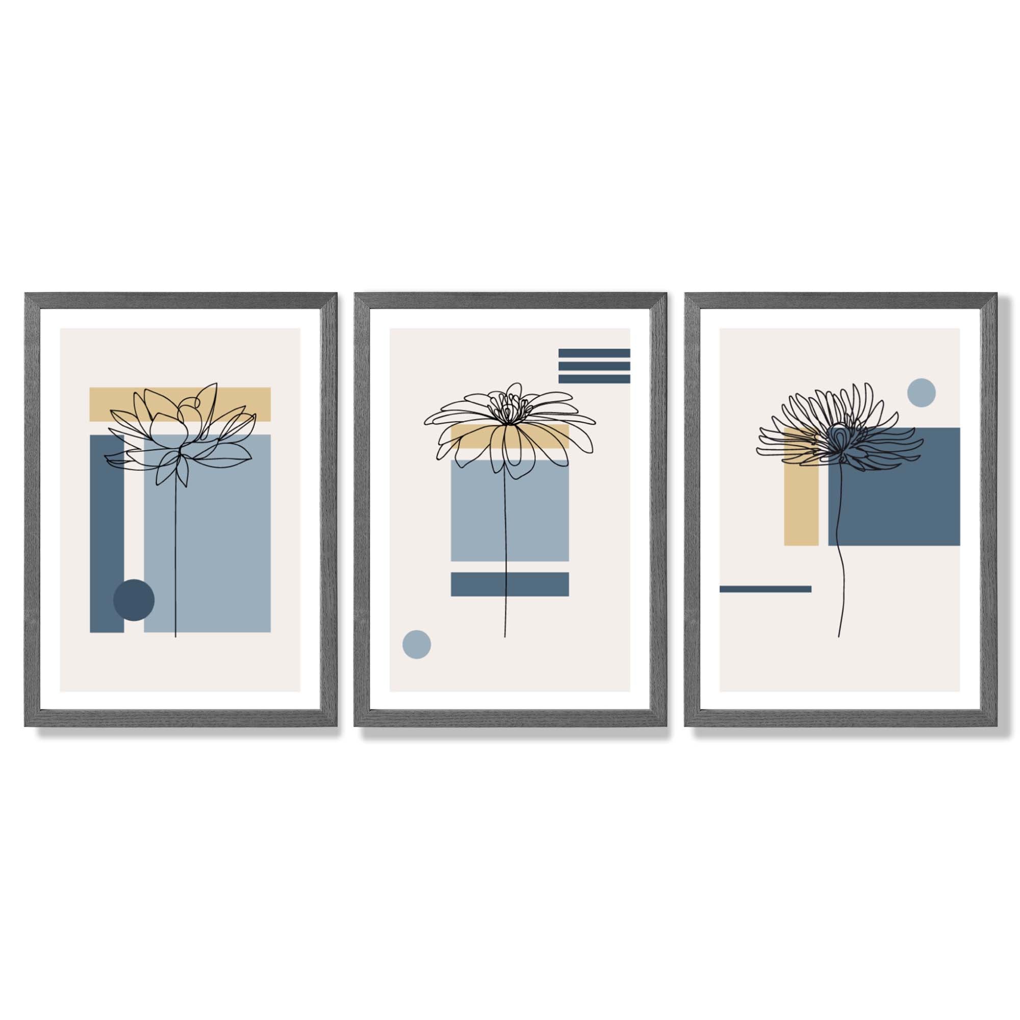 Set of 3 Sketch Flowers with Blue and Yellow Geometric  Framed Art Prints with Dark Grey Wooden Frames