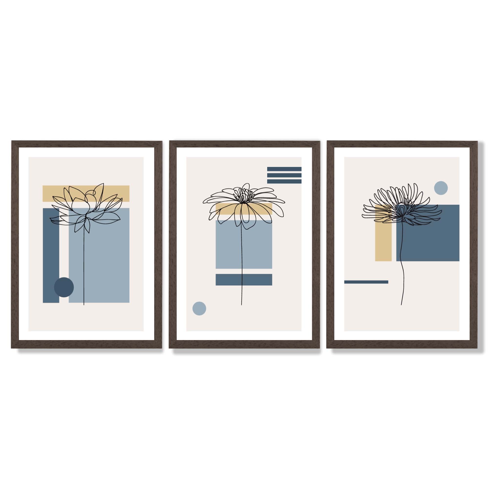 Set of 3 Sketch Flowers with Blue and Yellow Geometric  Framed Art Prints with Dark Wood Frames