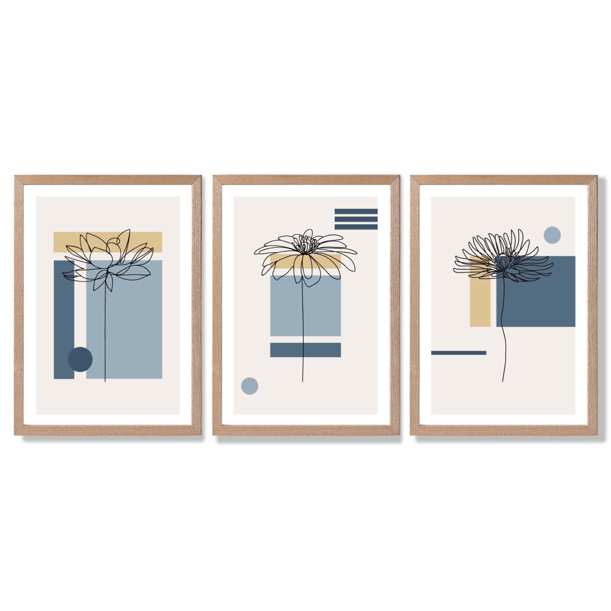 Set of 3 Sketch Flowers with Blue and Yellow Geometric  Framed Art Prints with Light Oak Frames
