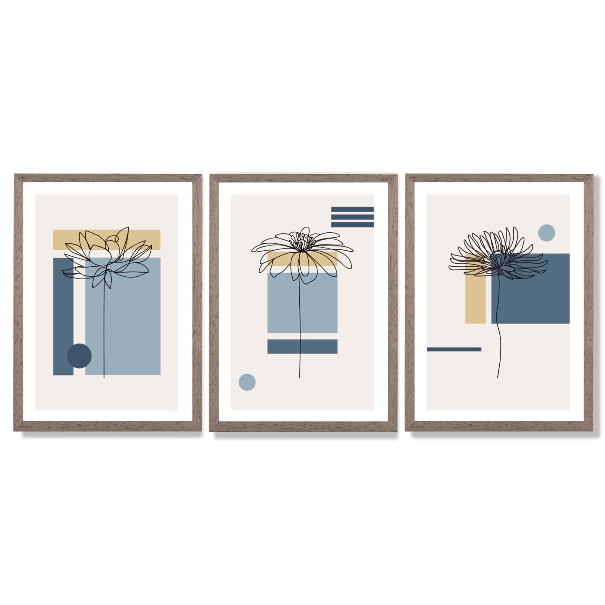 Set of 3 Sketch Flowers with Blue and Yellow Geometric  Framed Art Prints with Light Walnut Frames
