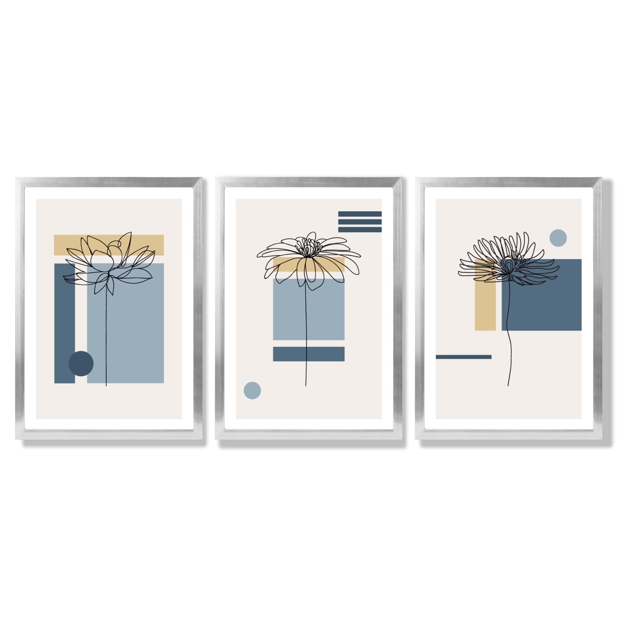 Set of 3 Sketch Flowers with Blue and Yellow Geometric  Framed Art Prints with Silver Wood Frames
