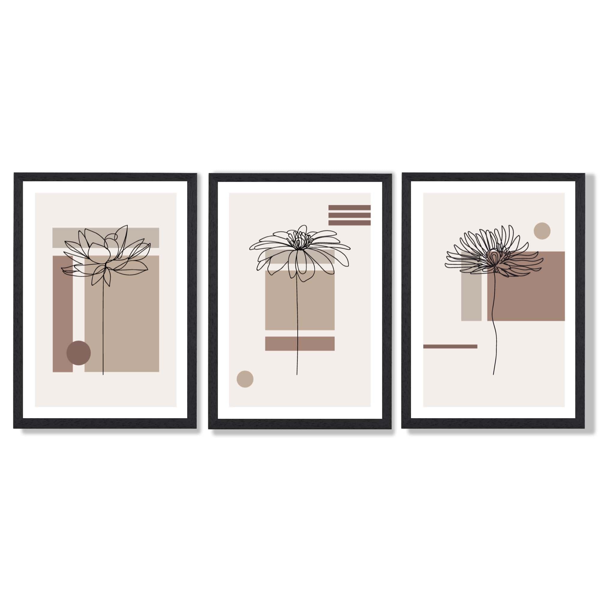 Set of 3 Sketch Flowers with Beige Shades Geometric  Framed Art Prints with Black Wooden Frames